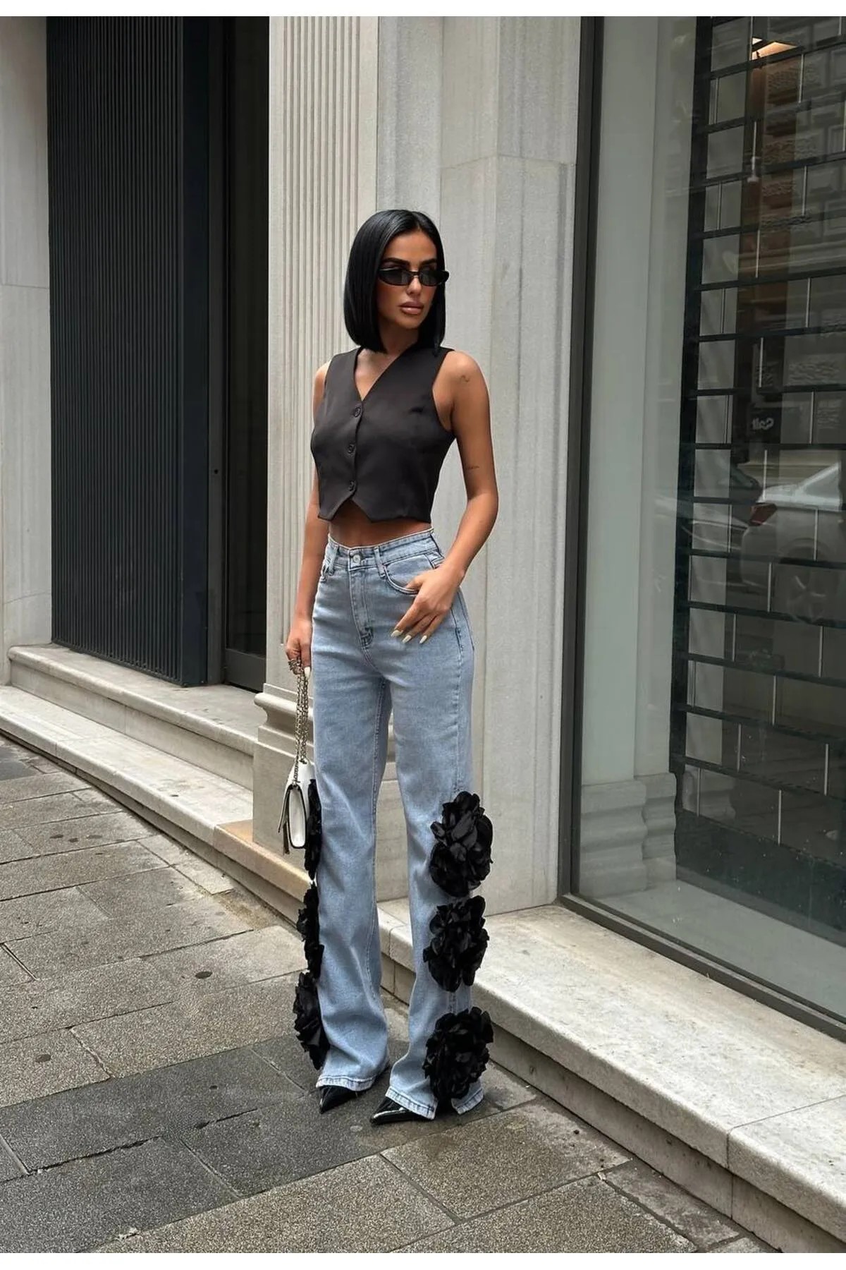 Kadın 3 Boyutlu Gül Detaylı Palazzo Relax Kalıp Yüksek Bel Bol Paça Denim Jean