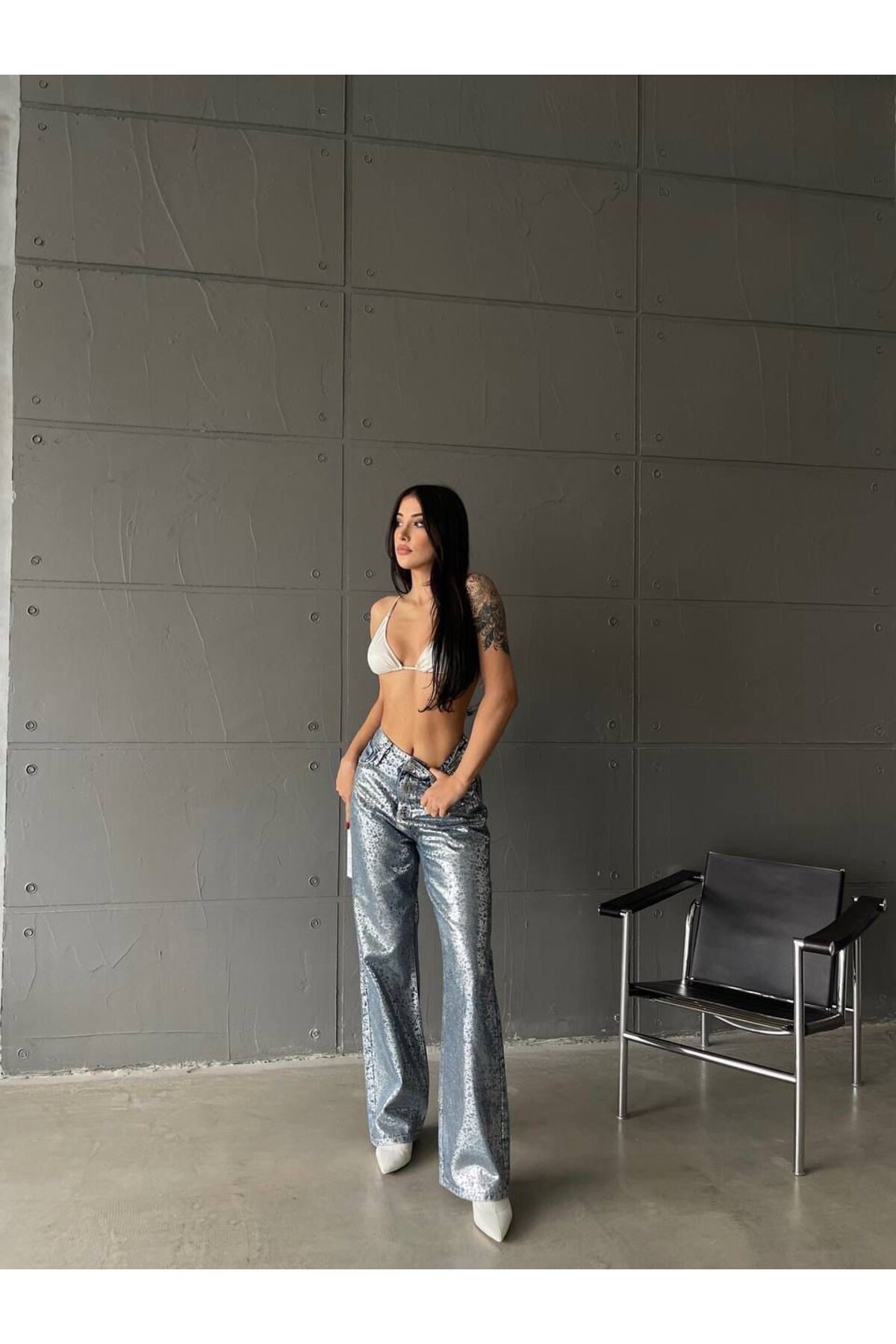 Kadın Metalik Baskılı Yüksek Bel Relax Kalıp Geniş Paça Denim Jean