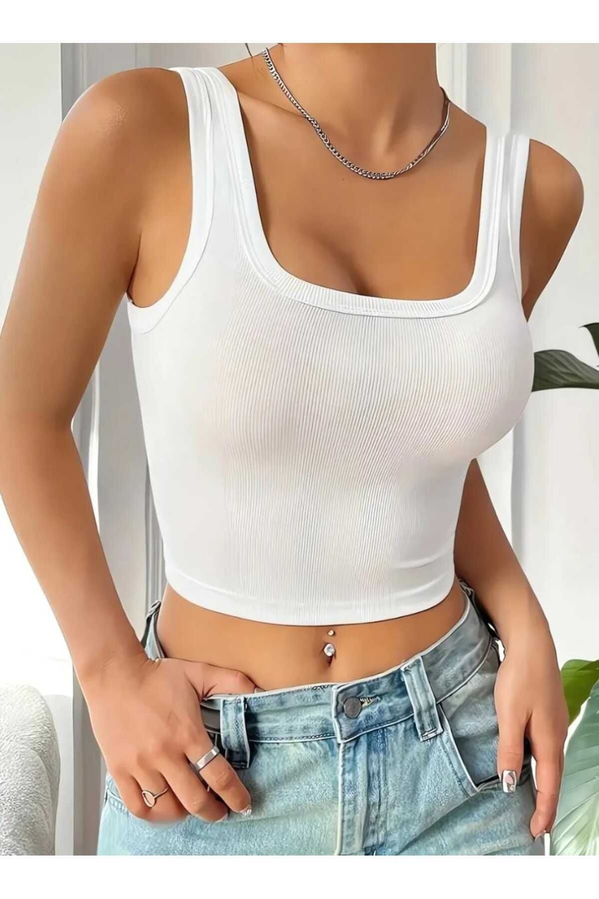 Kadın Kaşkorse Kare Yaka Geniş Askılı Atlet Fitilli Spor Crop