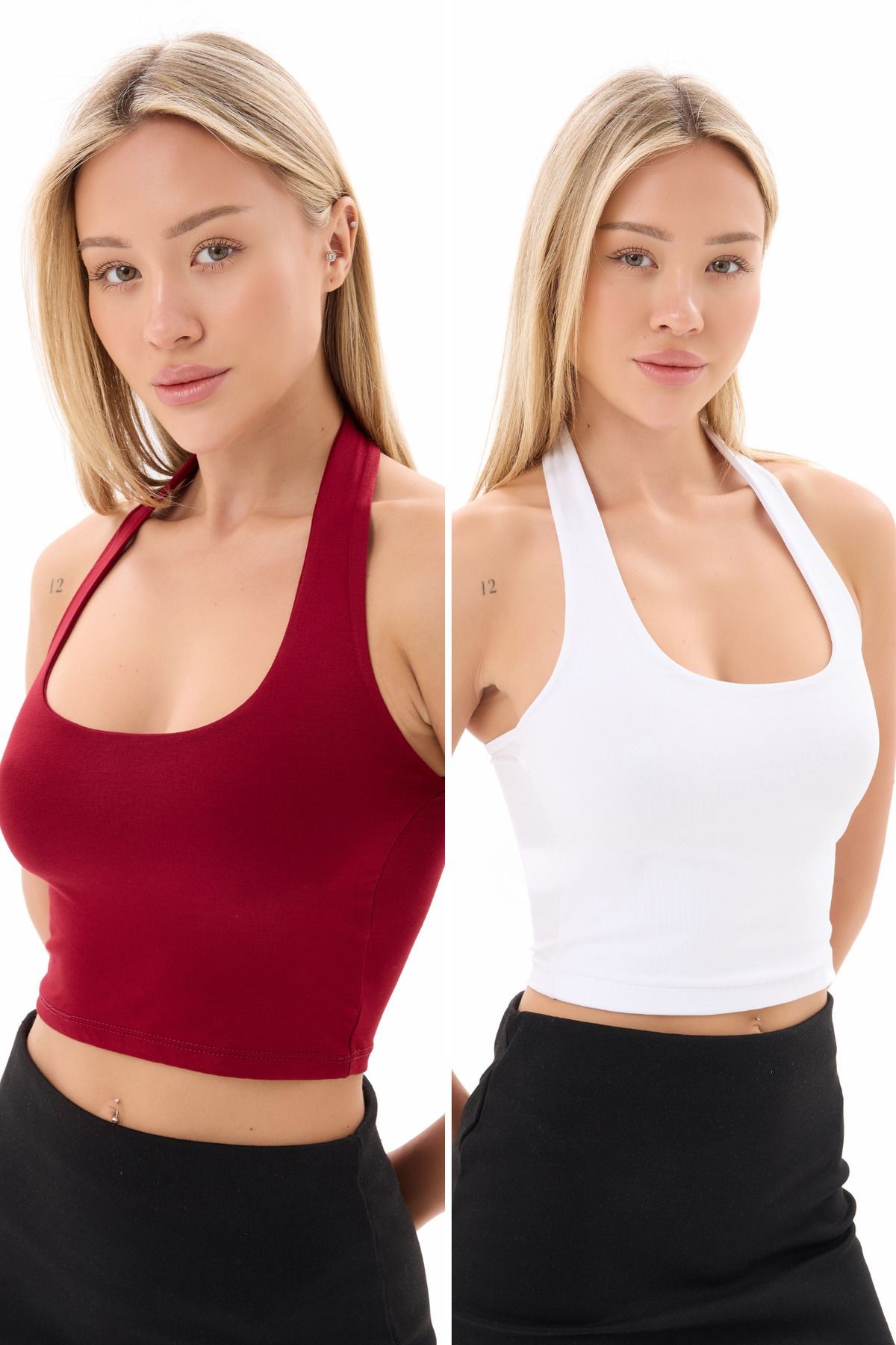 2'li Viskon Likralı Boyundan Geçmeli Crop Bluz
