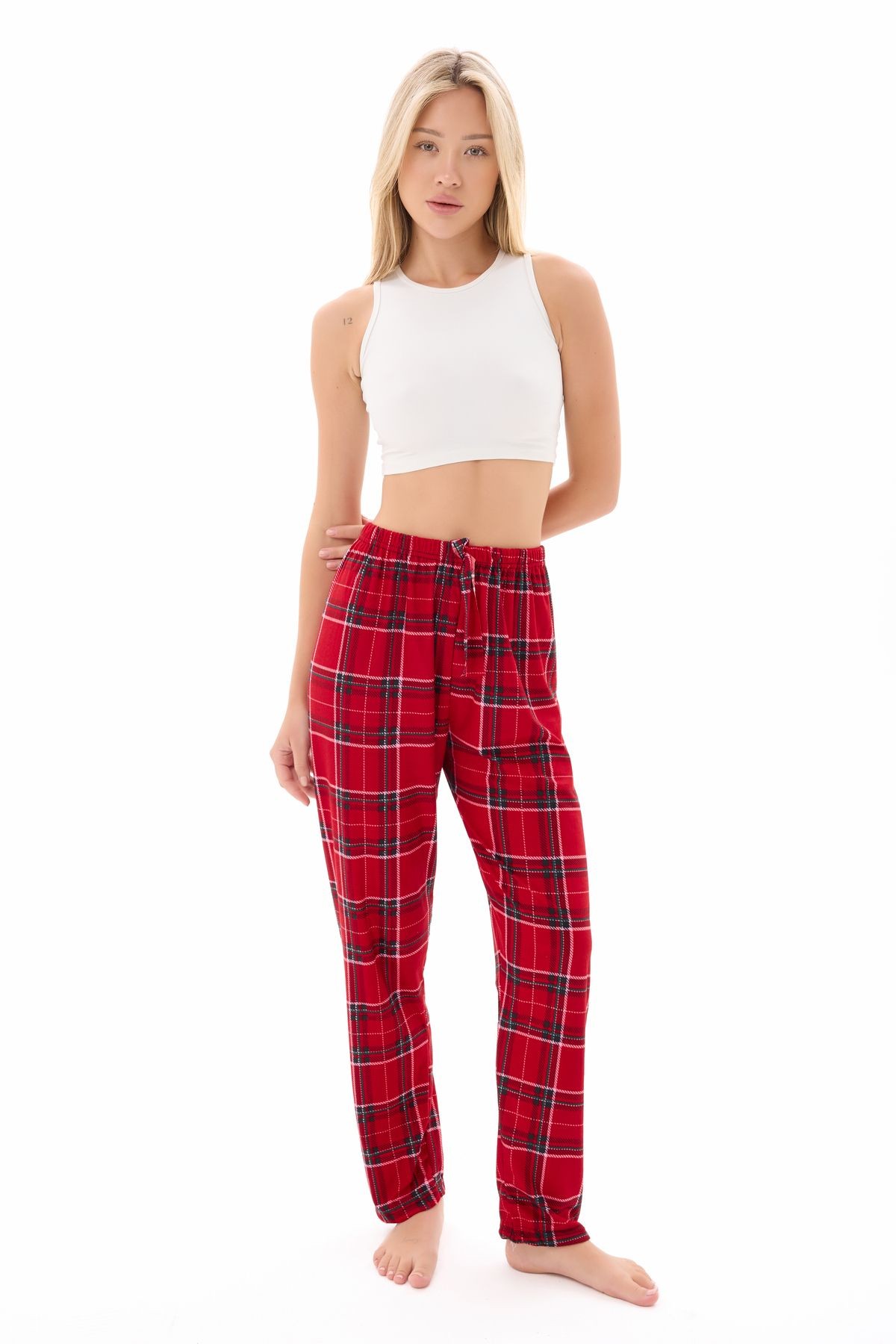 Kadın Desenli Yumuşak Dokulu Örme Pijama Altı - kırmızı-siyah