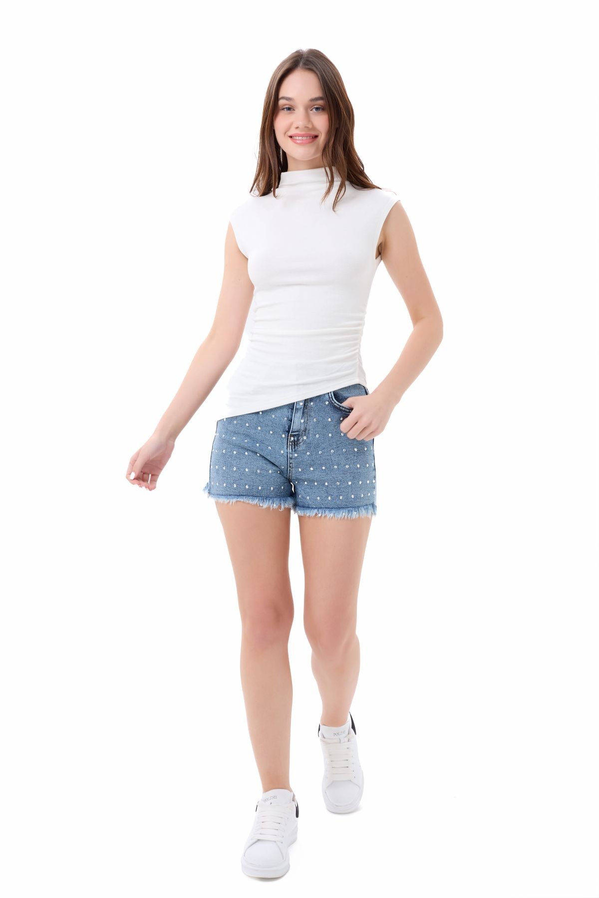 Dik Yaka Kısa Kollu Büzgü / Drape Detaylı Fitted / Vücuda Oturan Asimetrik Örme Bluz