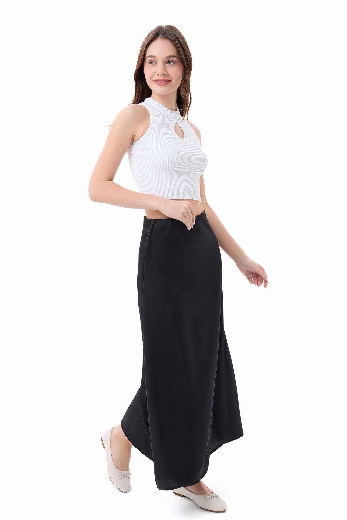 Maxi Siyah Saten Etek Lastikli