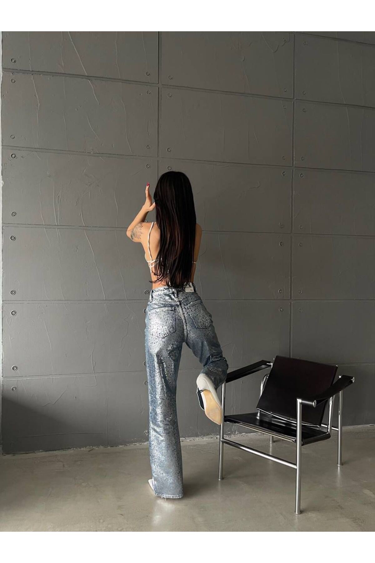 Kadın Metalik Baskılı Yüksek Bel Relax Kalıp Geniş Paça Denim Jean