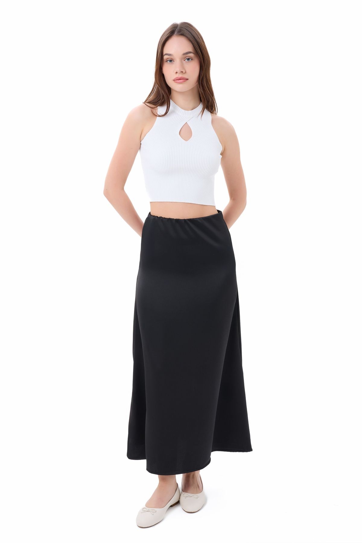 Maxi Siyah Saten Etek Lastikli