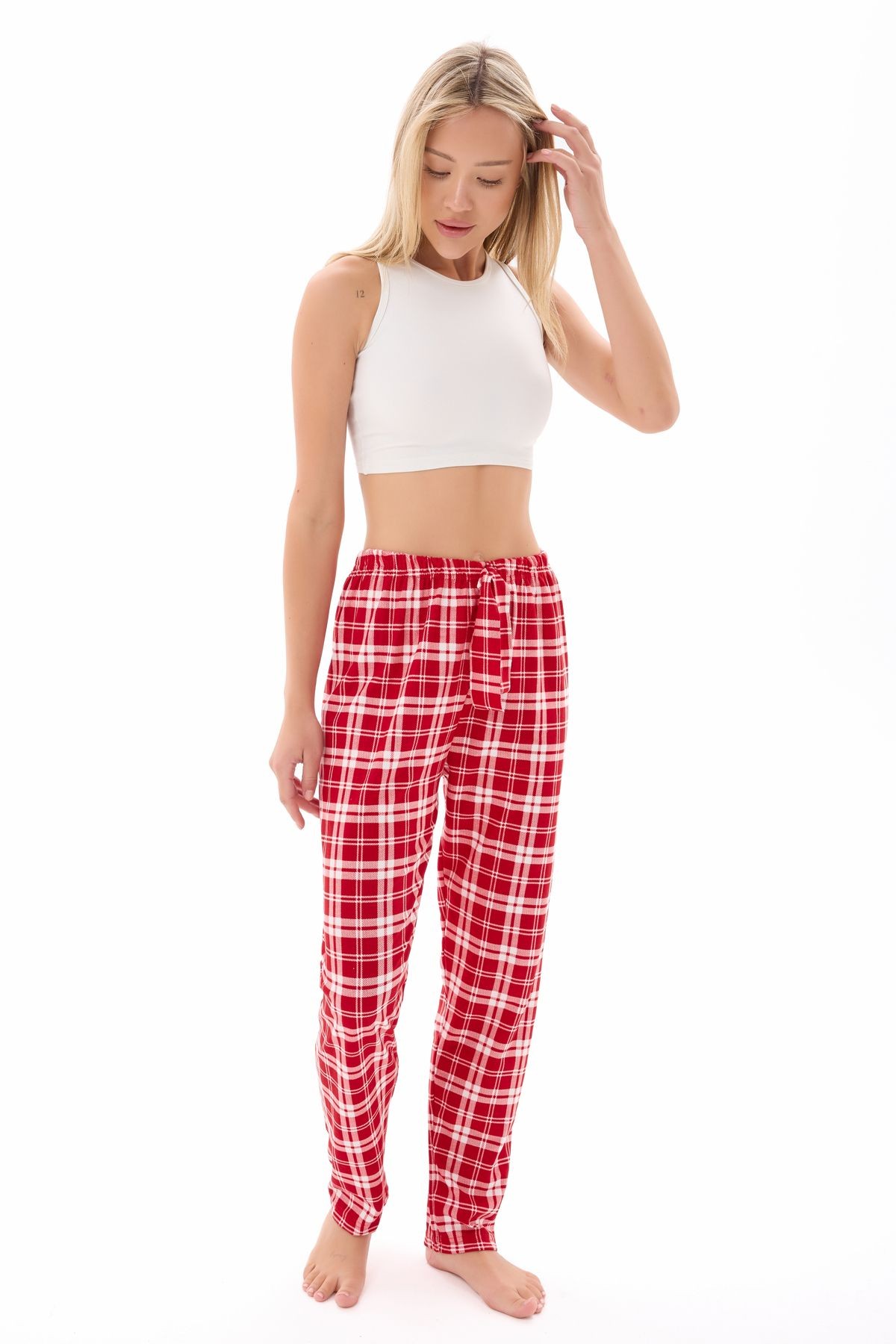 Kadın Desenli Yumuşak Dokulu Örme Pijama Altı - kirmizi-beyaz