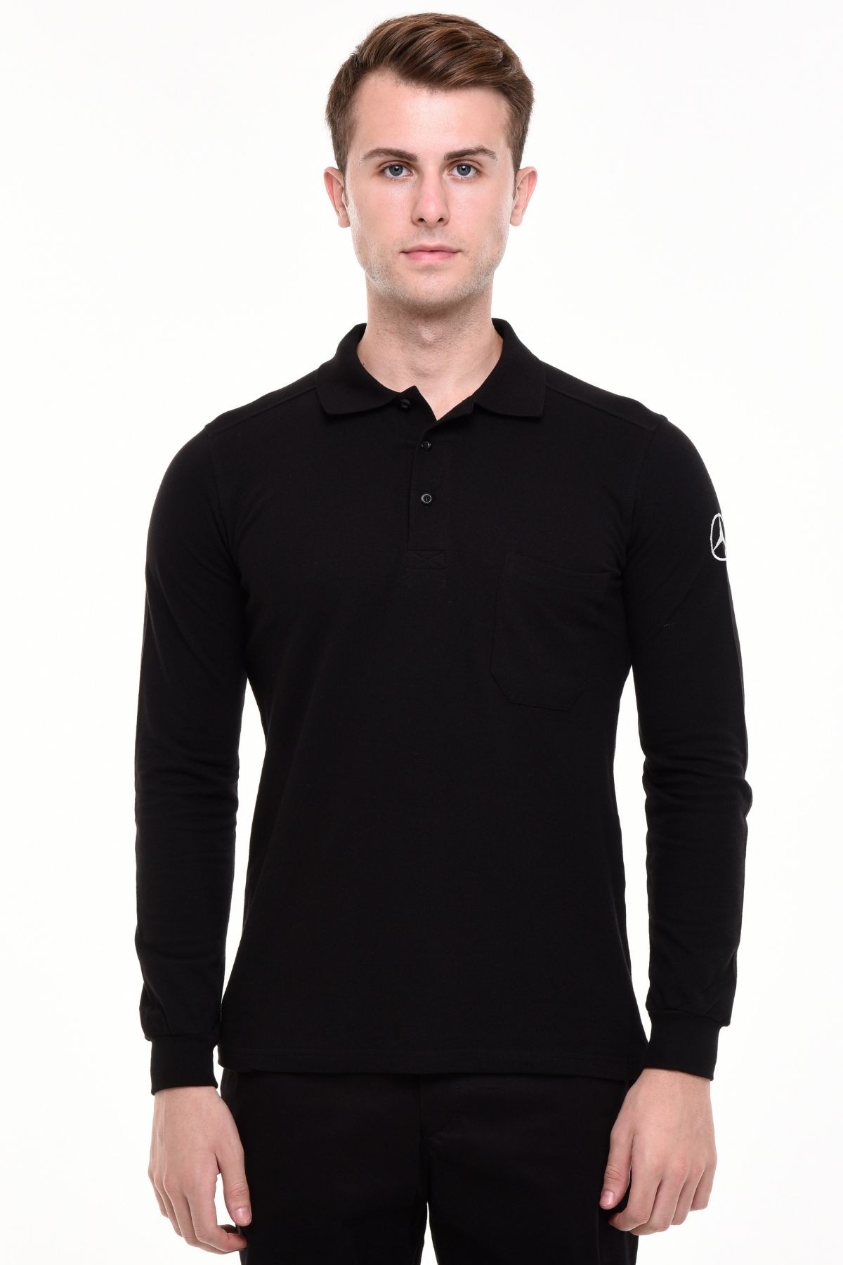 Uniprom Uzun Kollu T- Shirt Mercedes Logolu Polo Yaka %100 Pamuk Siyah Erkek