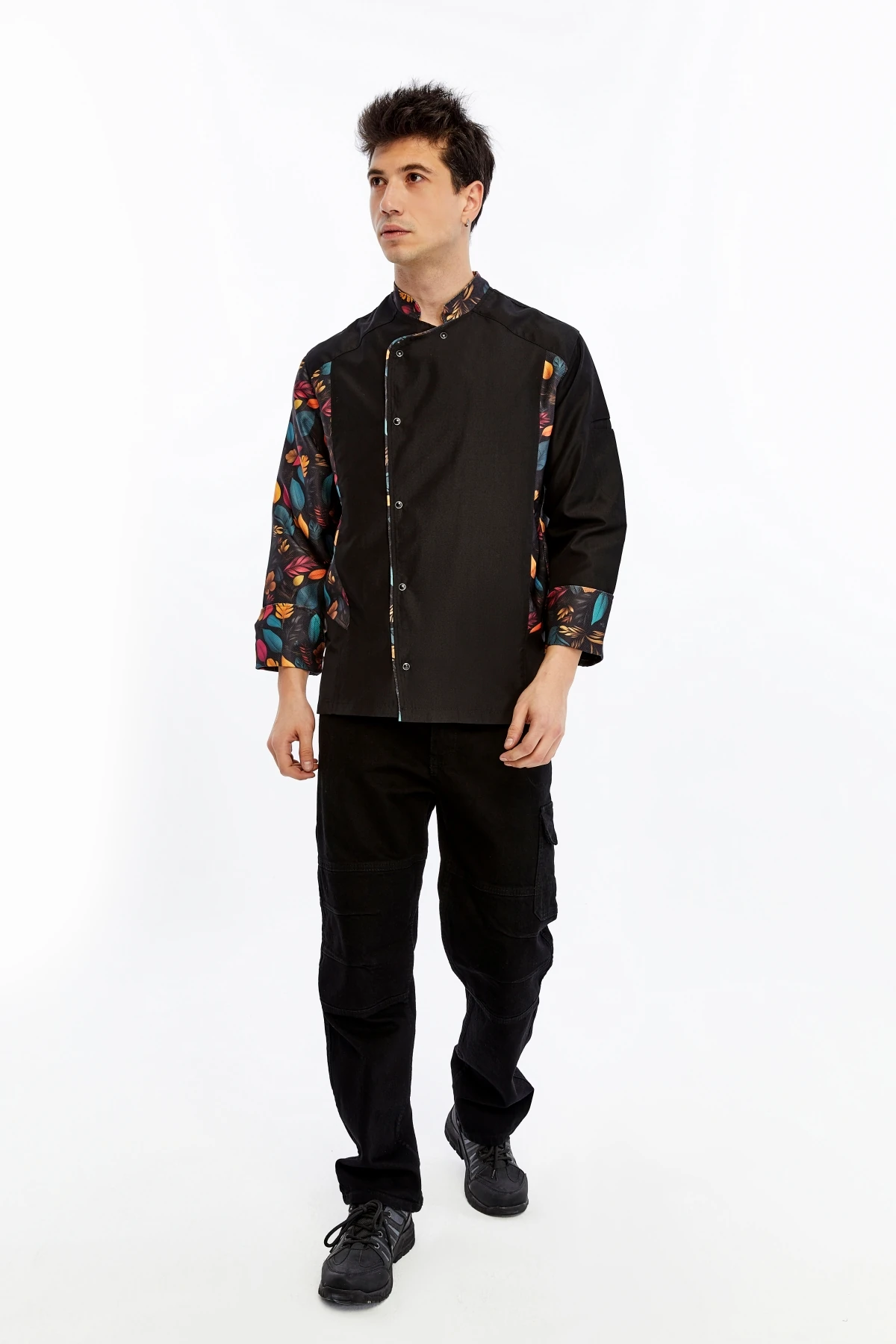 Uniprom Uzun Kollu Aşçı Ceketi Önlük Şef, Garson Flora Model Siyah