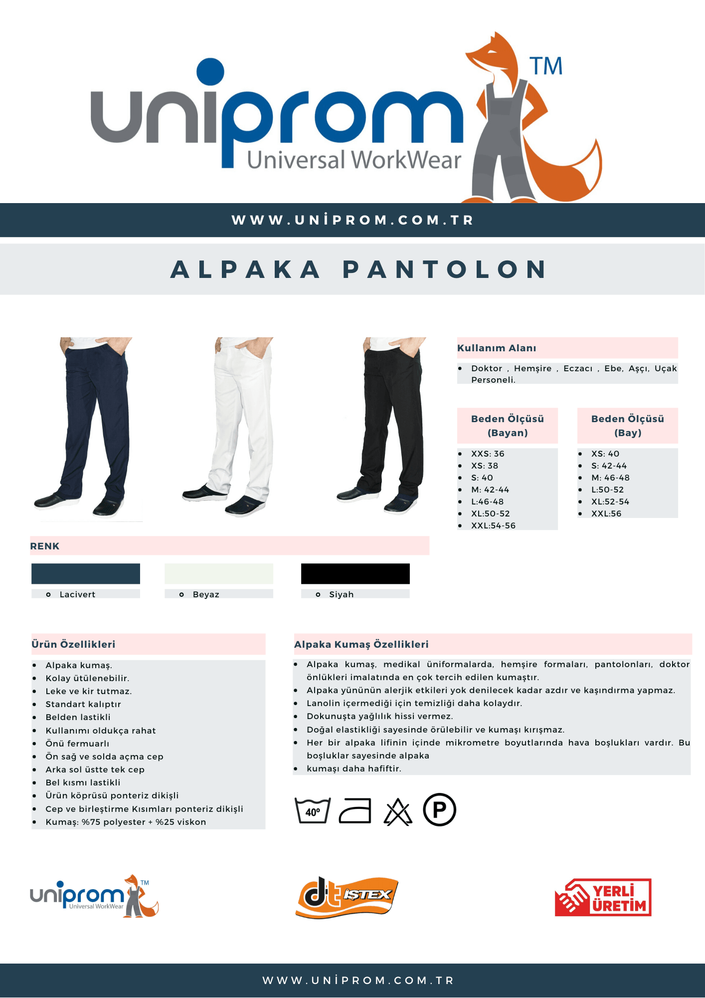 Uniprom Doktor Hemşire Aşçı Hizmetli Alpaka Kumaş Siyah Pantolon Erkek