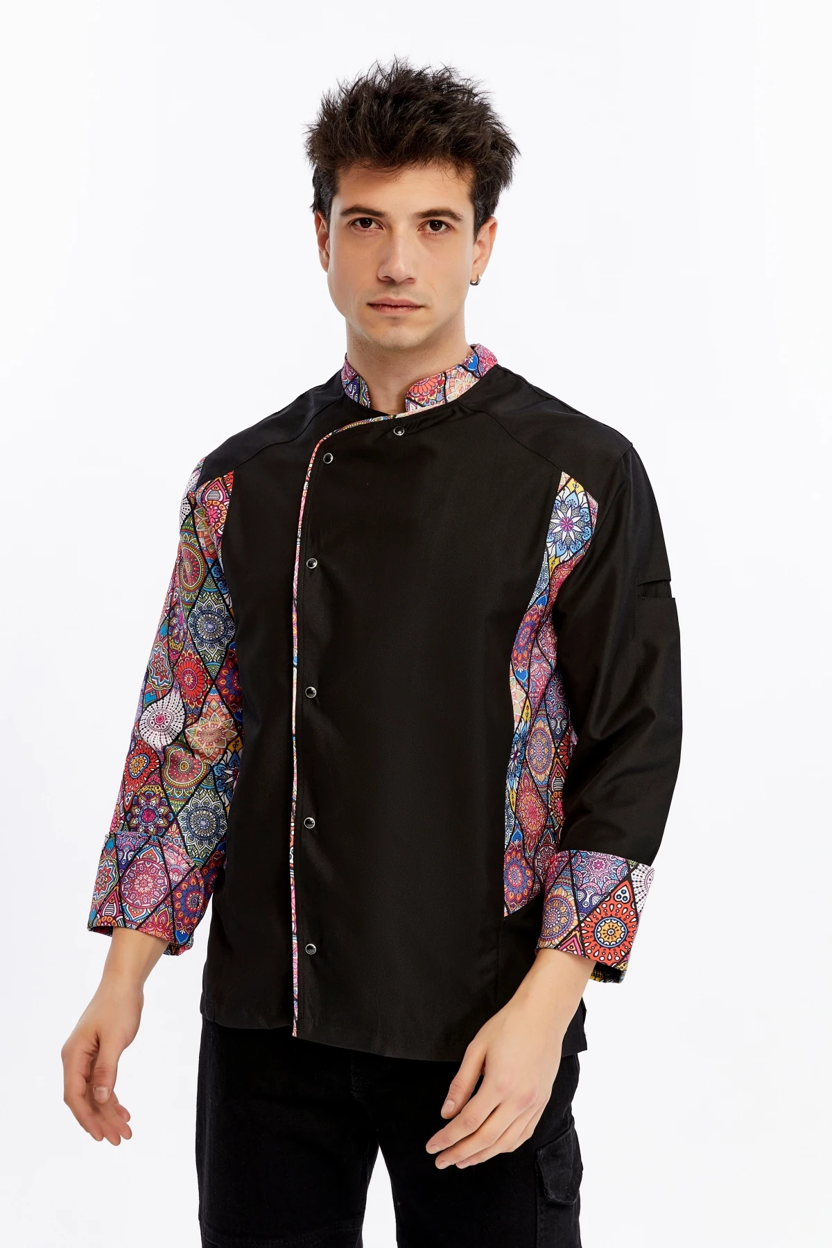 Uniprom Uzun Kollu Aşçı Ceketi Önlük Şef, Garson Mandala Model Siyah