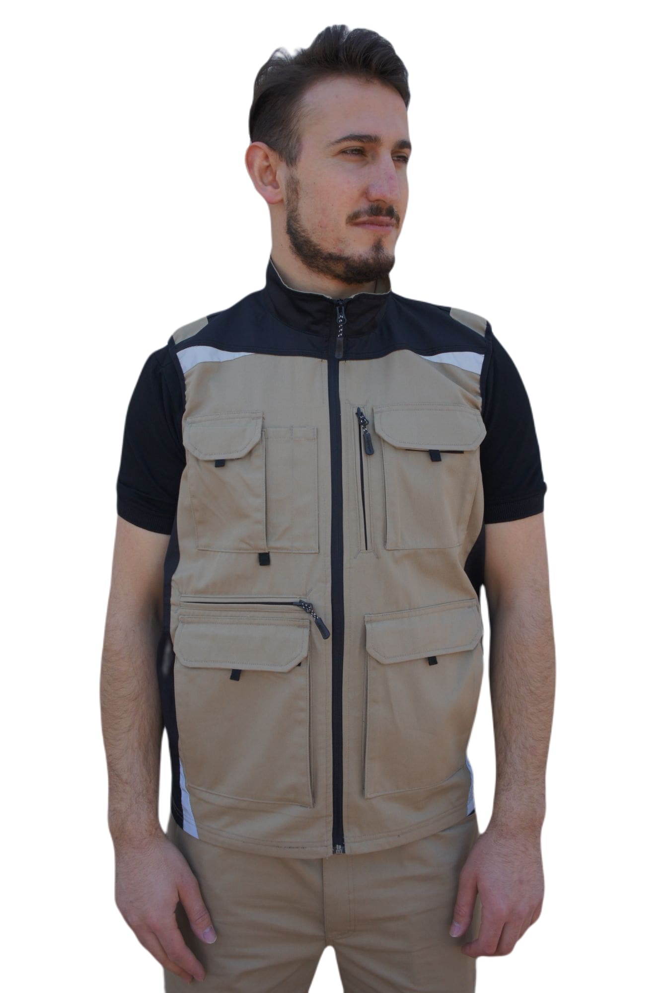 Uniprom İş Yeleği Likralı Madrid Model 10 Cepli Yazlık Bej-Siyah