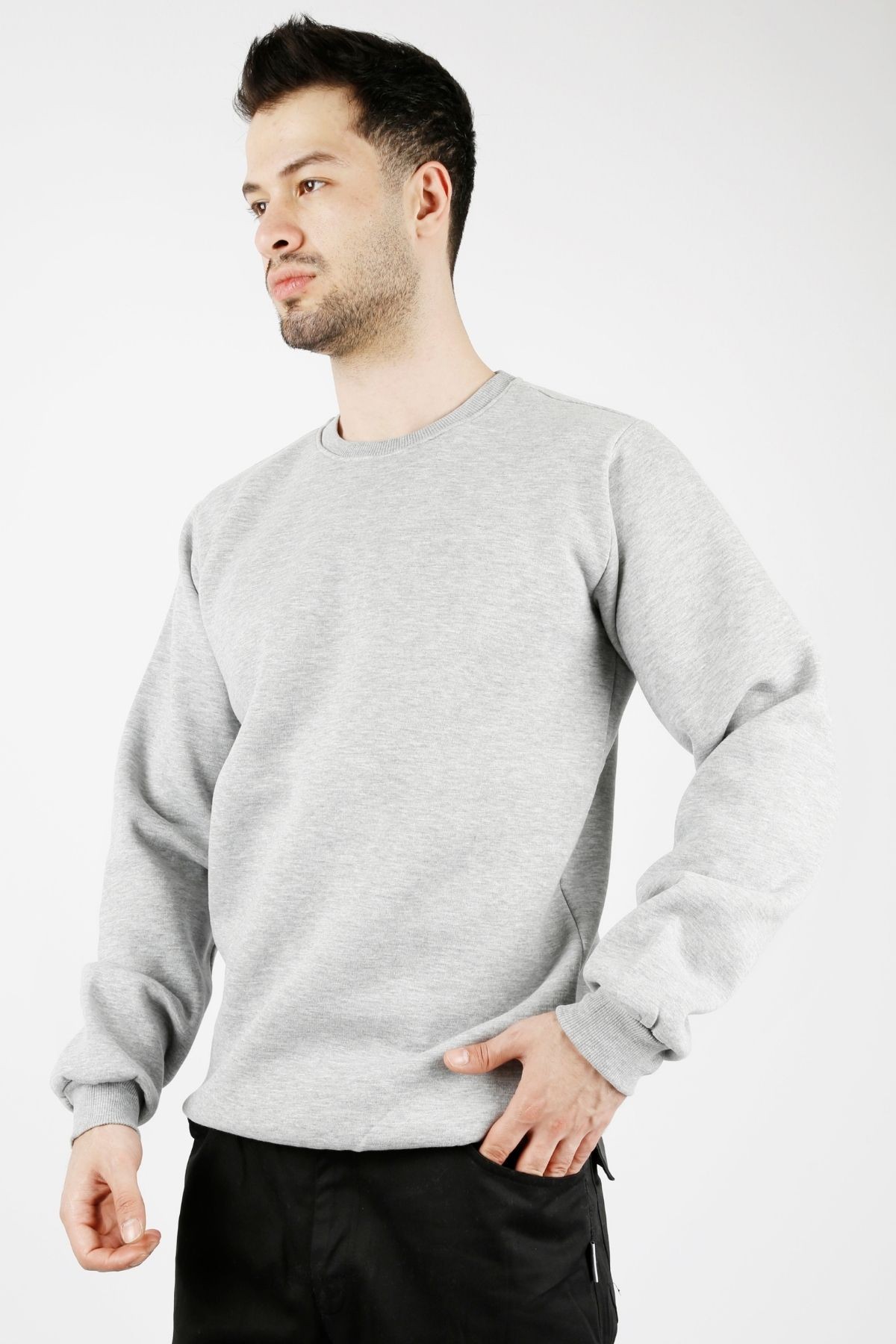 Uniprom Sıfır Yaka Sweatshirt Kalın Kumaş İçi Şardonlu Gri Erkek