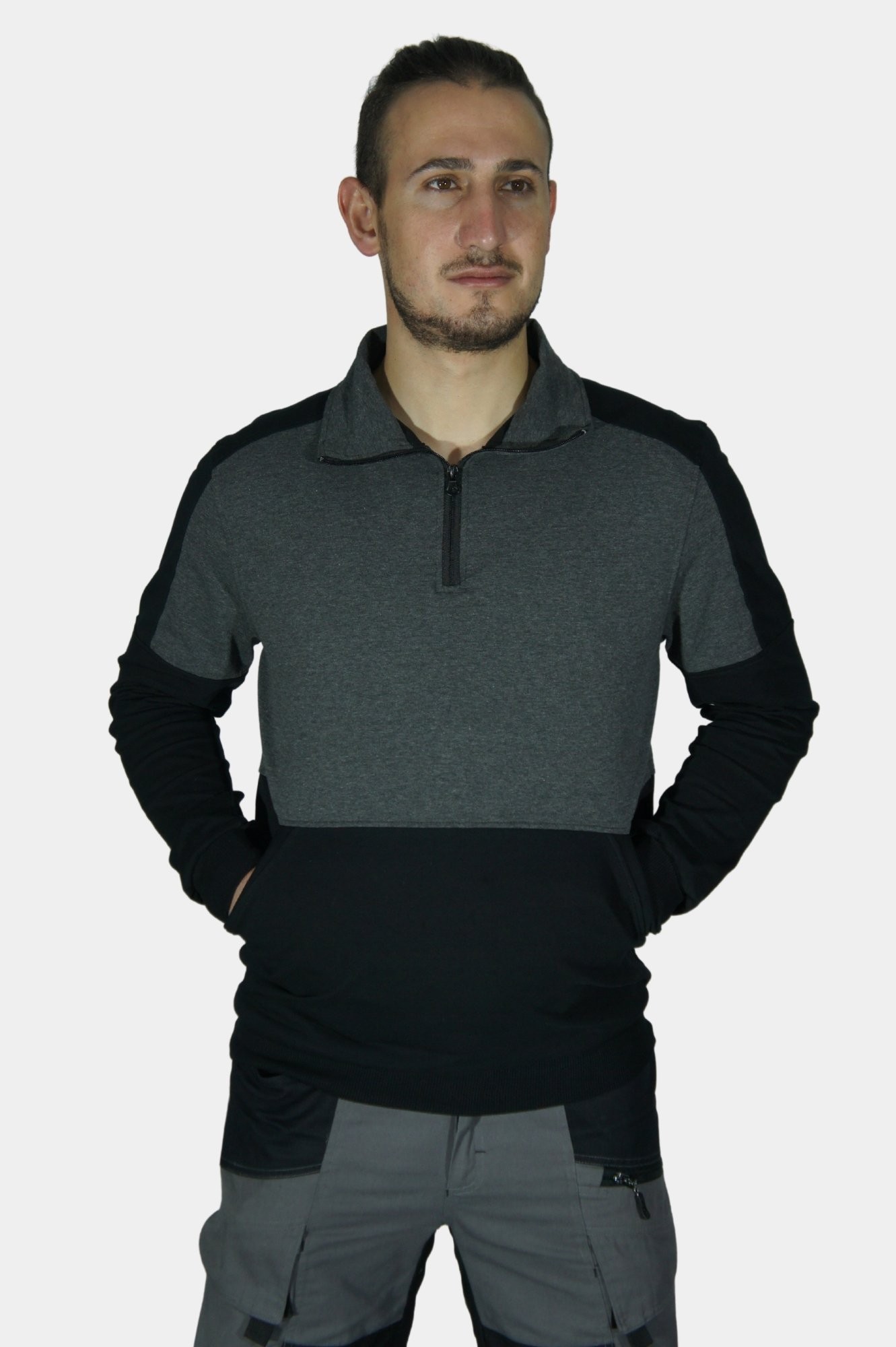 Uniprom Sweatshirt 2 Cepli Polo Yaka Likralı 2 İplik Siyah-Füme