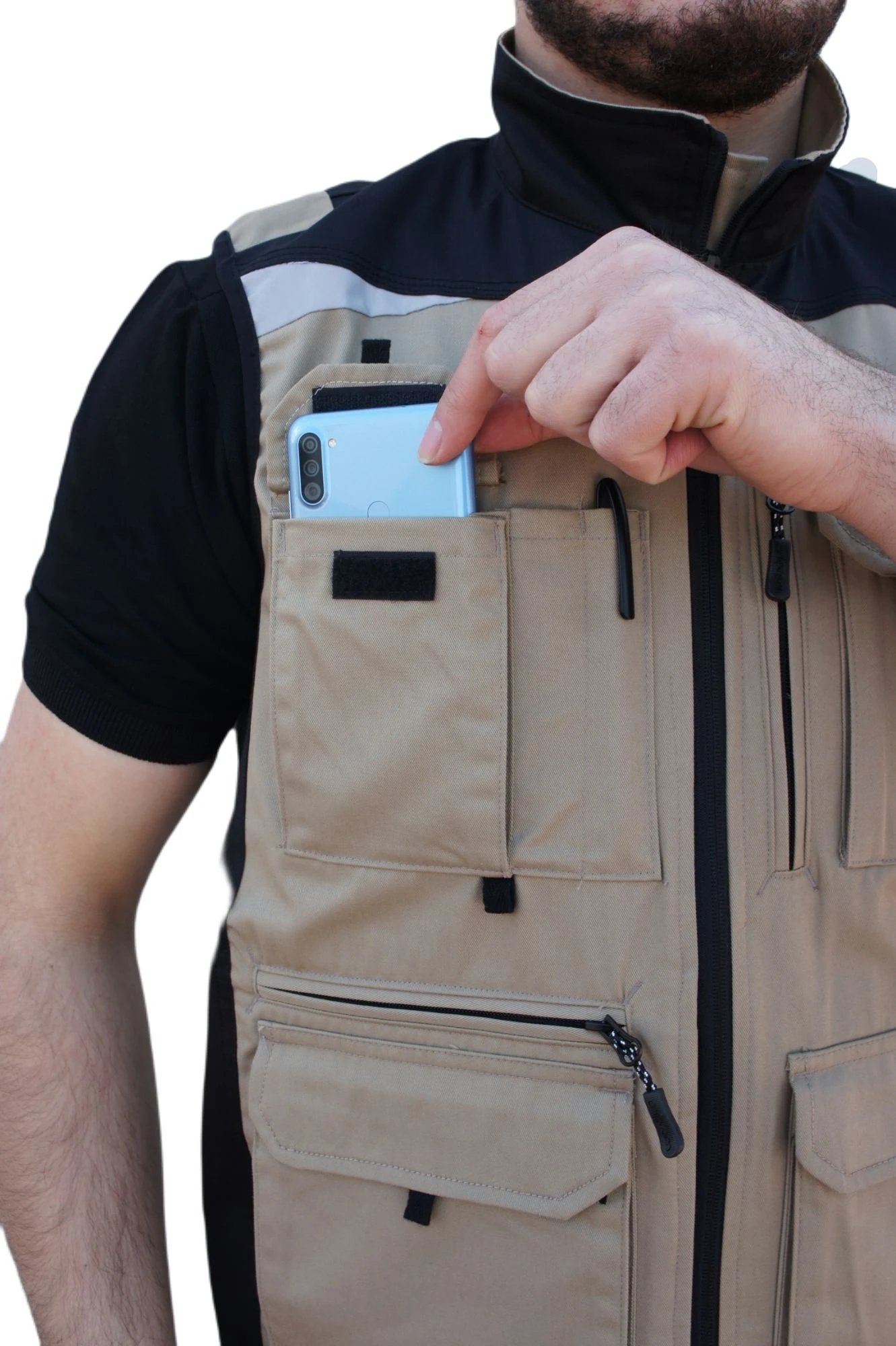 Uniprom İş Yeleği Likralı Madrid Model 10 Cepli Yazlık Bej-Siyah