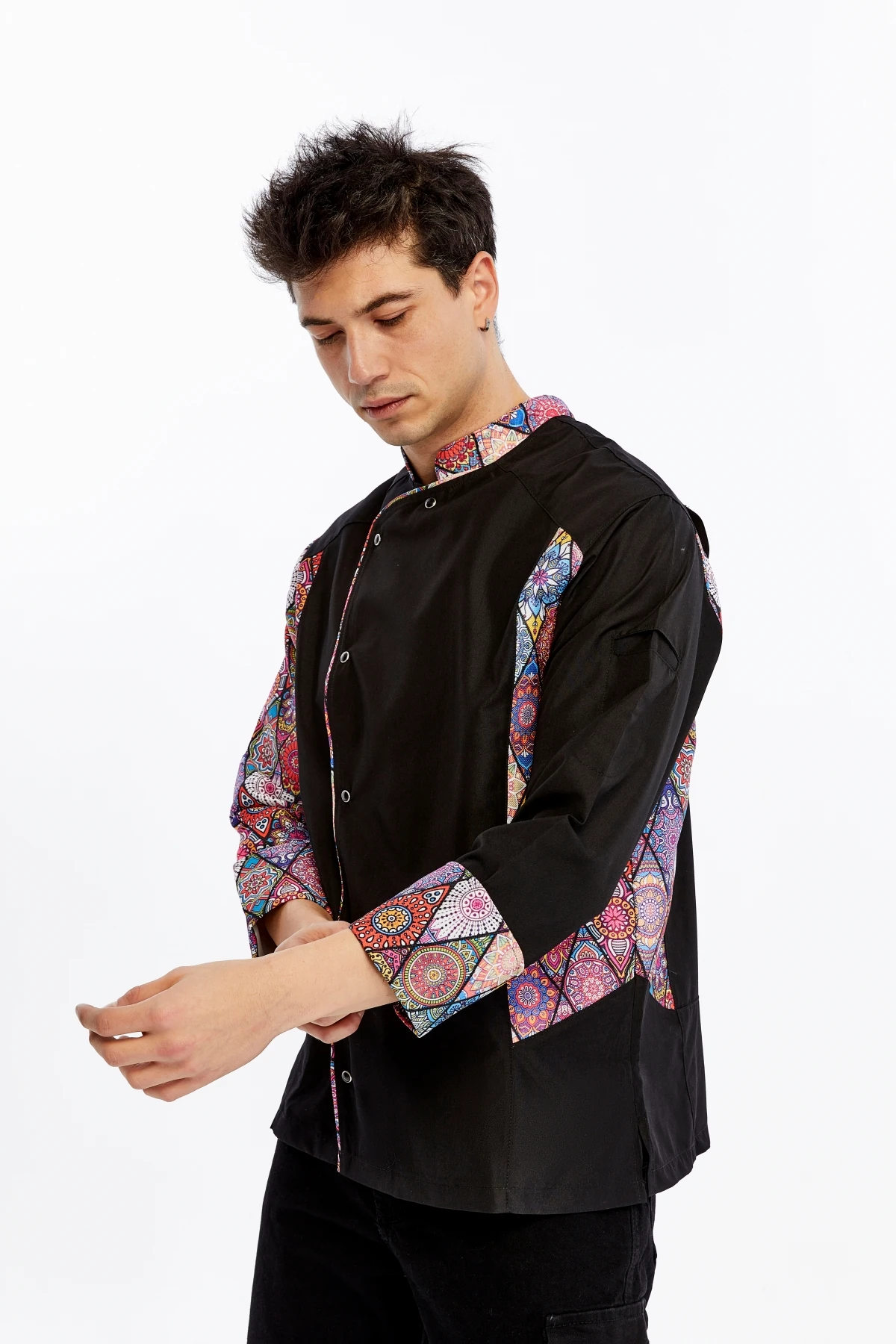 Uniprom Uzun Kollu Aşçı Ceketi Önlük Şef, Garson Mandala Model Siyah