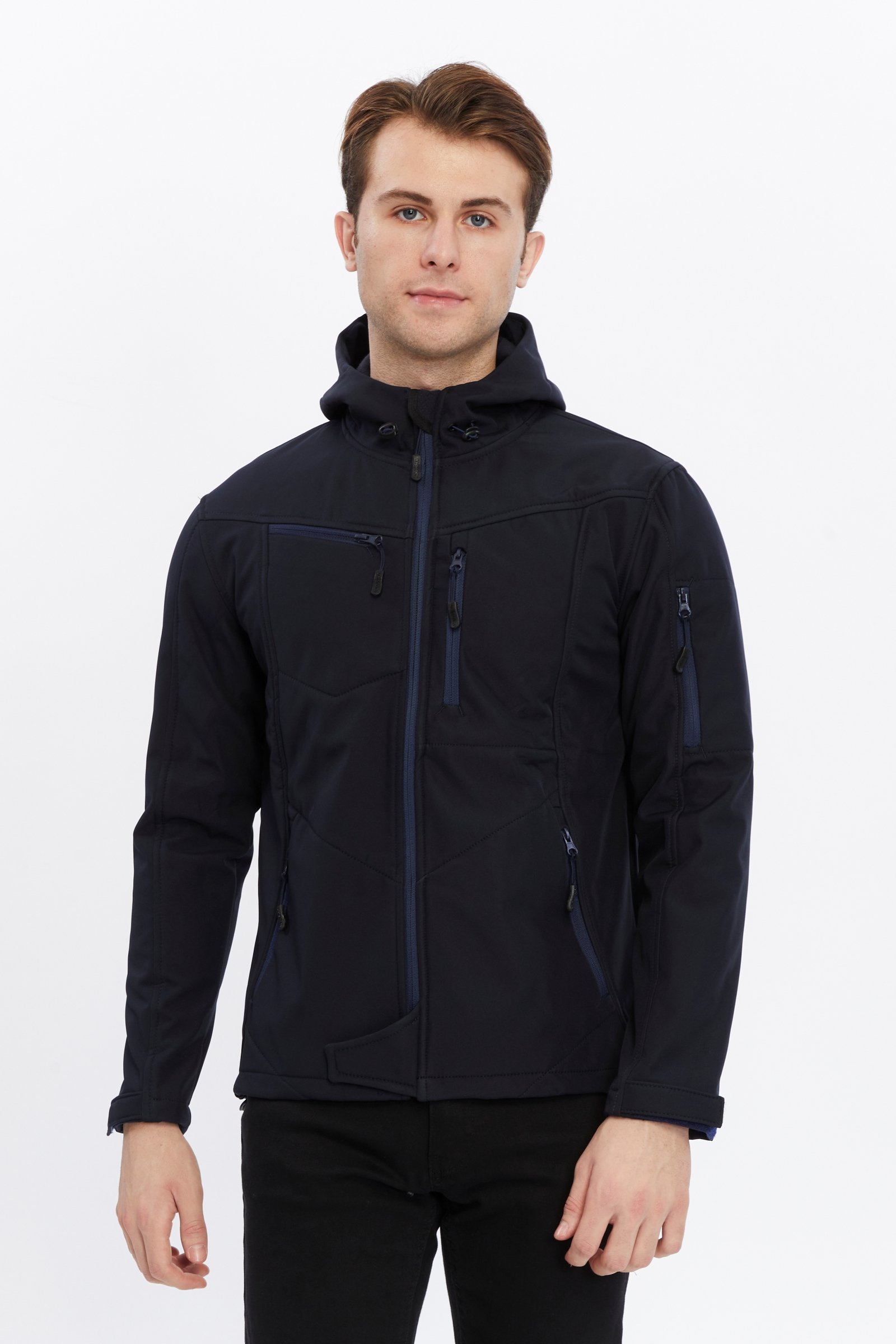 Uniprom Softshell Mont Kapşonlu Erkek Su Ve Rüzgar Geçirmez Mont Lacivert 5 Cepli