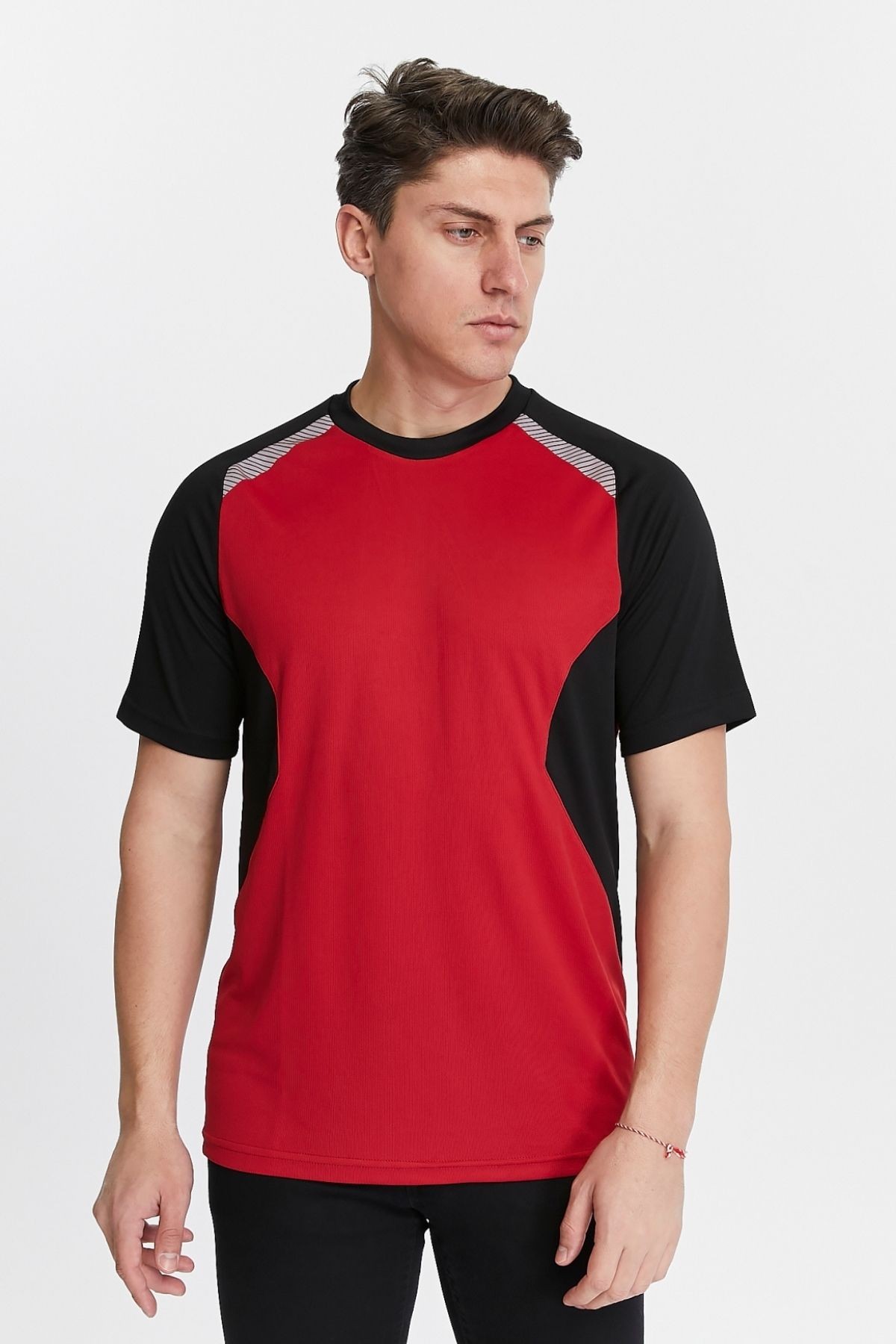 Uniprom Erkek Sıfır Yaka Tişört Nefes Alan Kumaş Procool Spor Outdoor T-shirt Kırmızı-Siyah