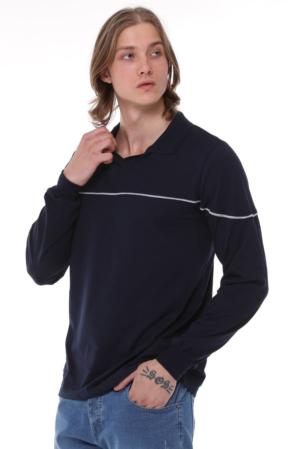 Uniprom Uzun Kollu T- Shirt Penye Polo Yaka %100 Pamuk Lacivert Erkek
