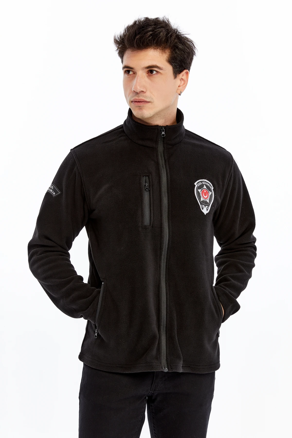 Uniprom Erkek Özel Güvenlik Polar Ceket Tam Fermuarlı 3 Cepli Siyah