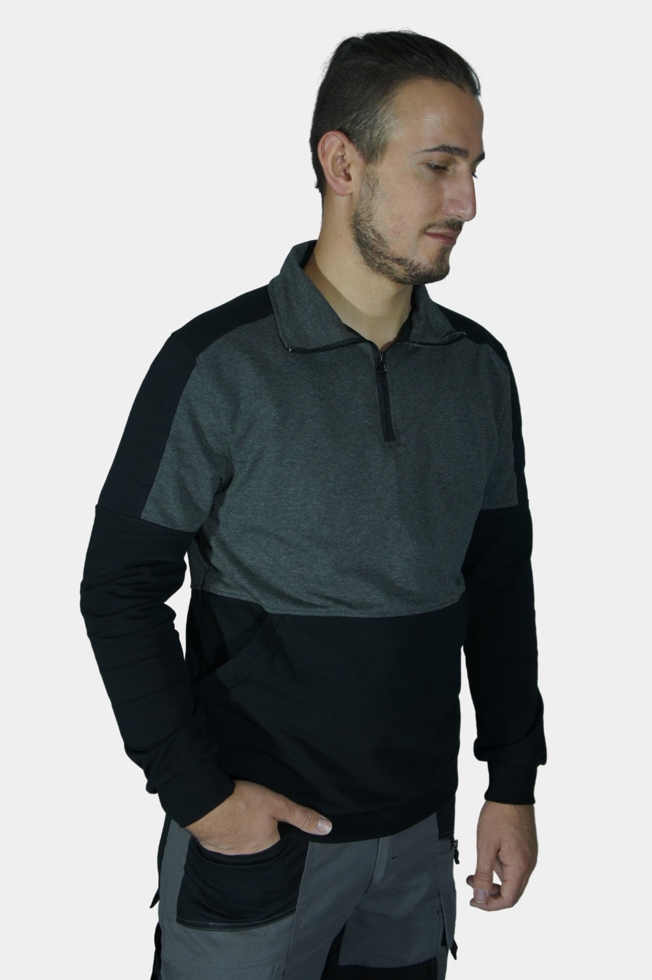 Uniprom Sweatshirt 2 Cepli Polo Yaka Likralı 2 İplik Siyah-Füme