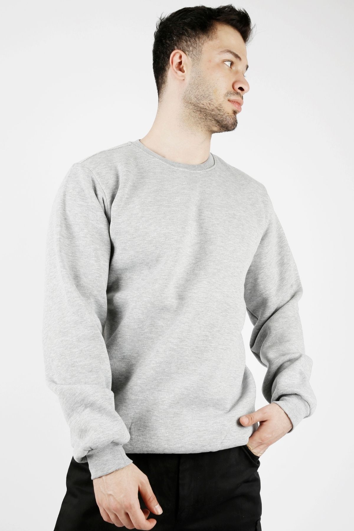 Uniprom Sıfır Yaka Sweatshirt Kalın Kumaş İçi Şardonlu Gri Erkek