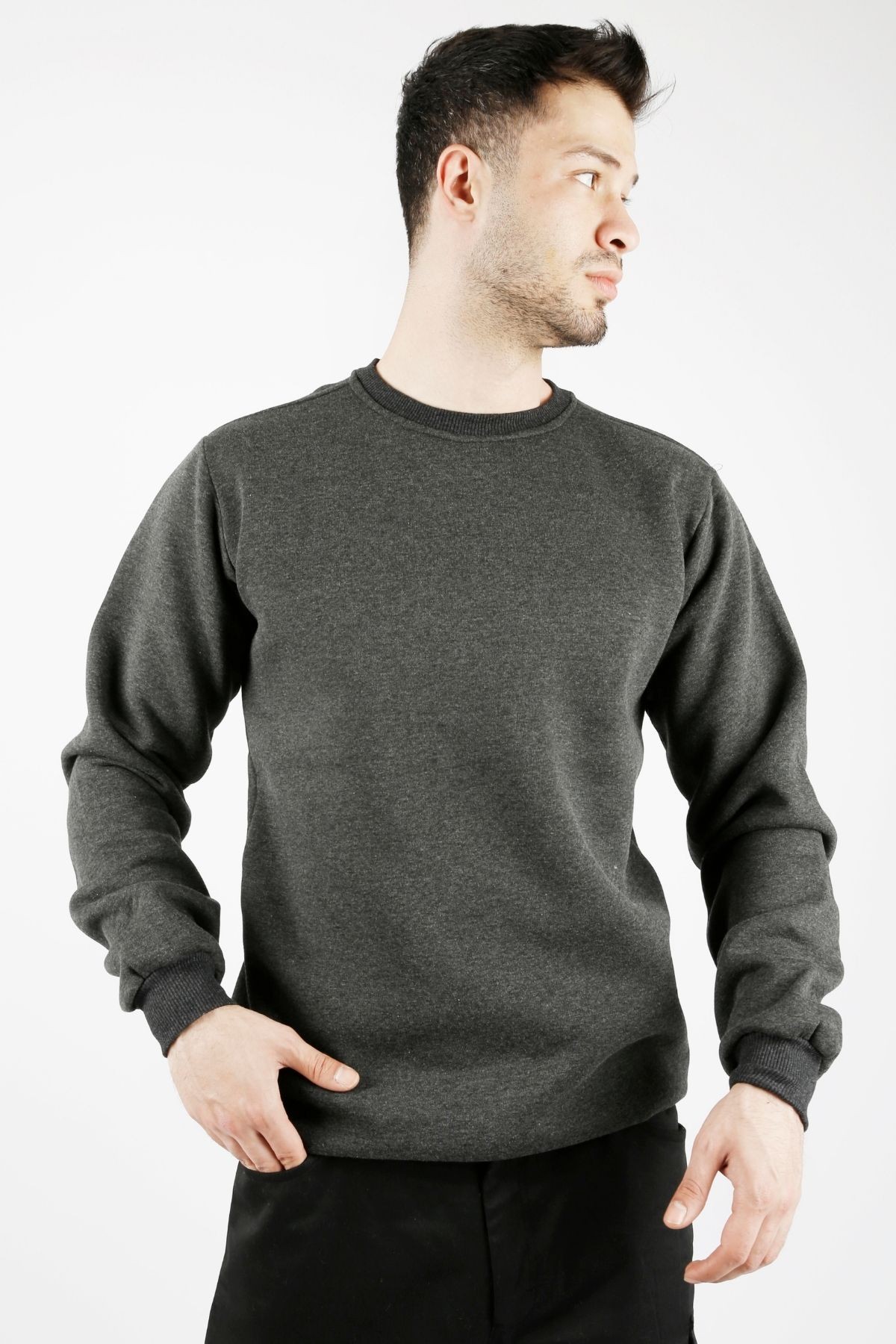 Uniprom Sıfır Yaka Sweatshirt Kalın Kumaş İçi Şardonlu Antrasit Erkek