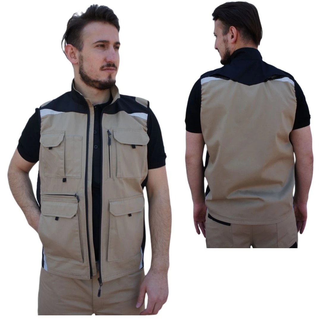 Uniprom İş Yeleği Likralı Madrid Model 10 Cepli Yazlık Bej-Siyah