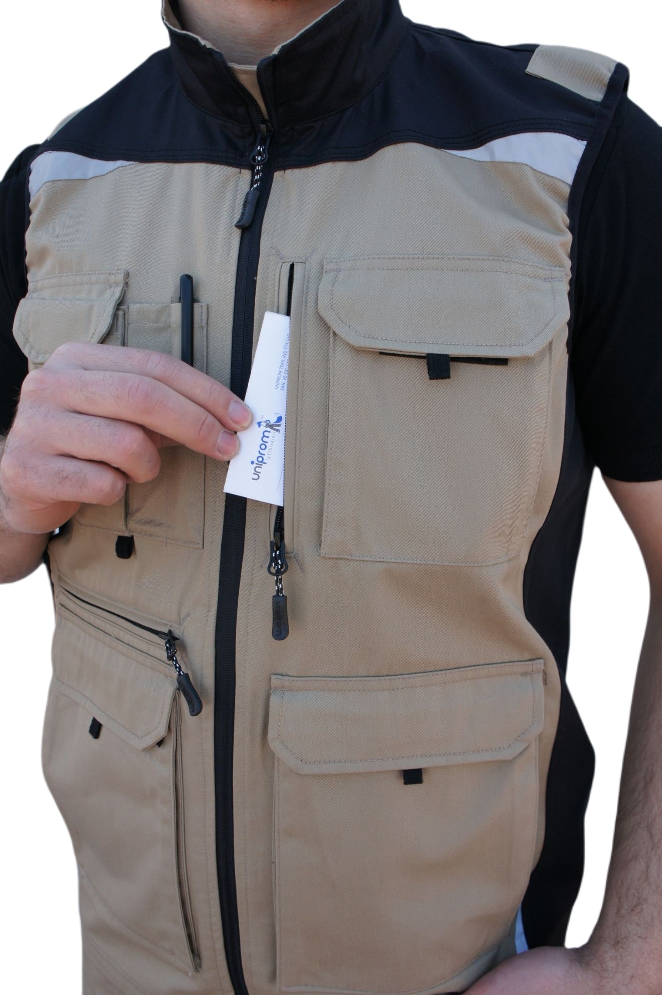 Uniprom İş Yeleği Likralı Madrid Model 10 Cepli Yazlık Bej-Siyah