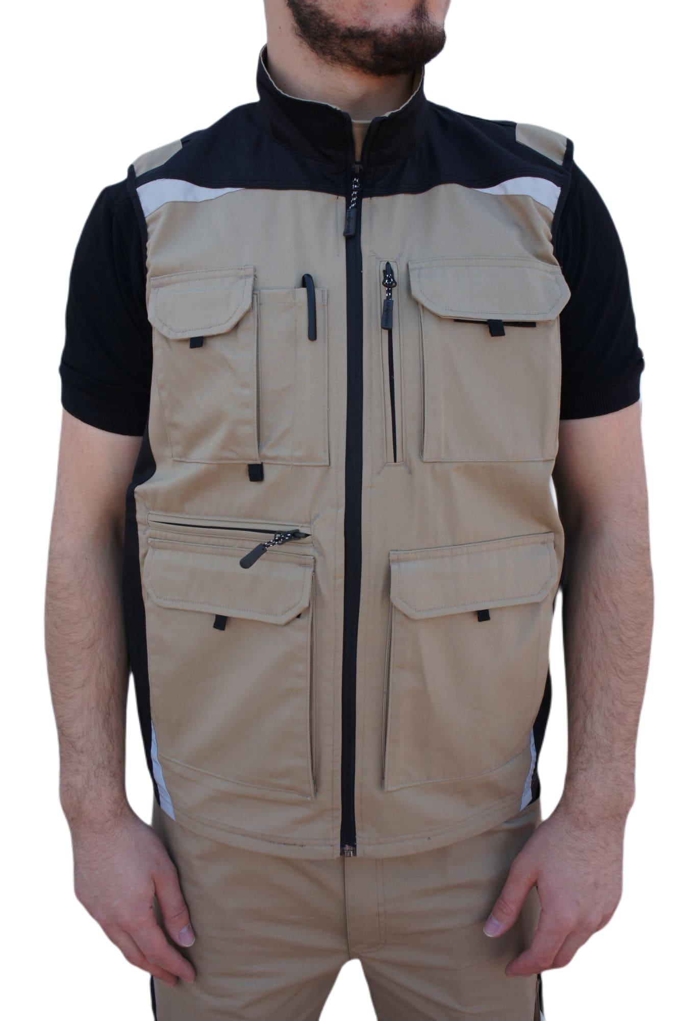 Uniprom İş Yeleği Likralı Madrid Model 10 Cepli Yazlık Bej-Siyah