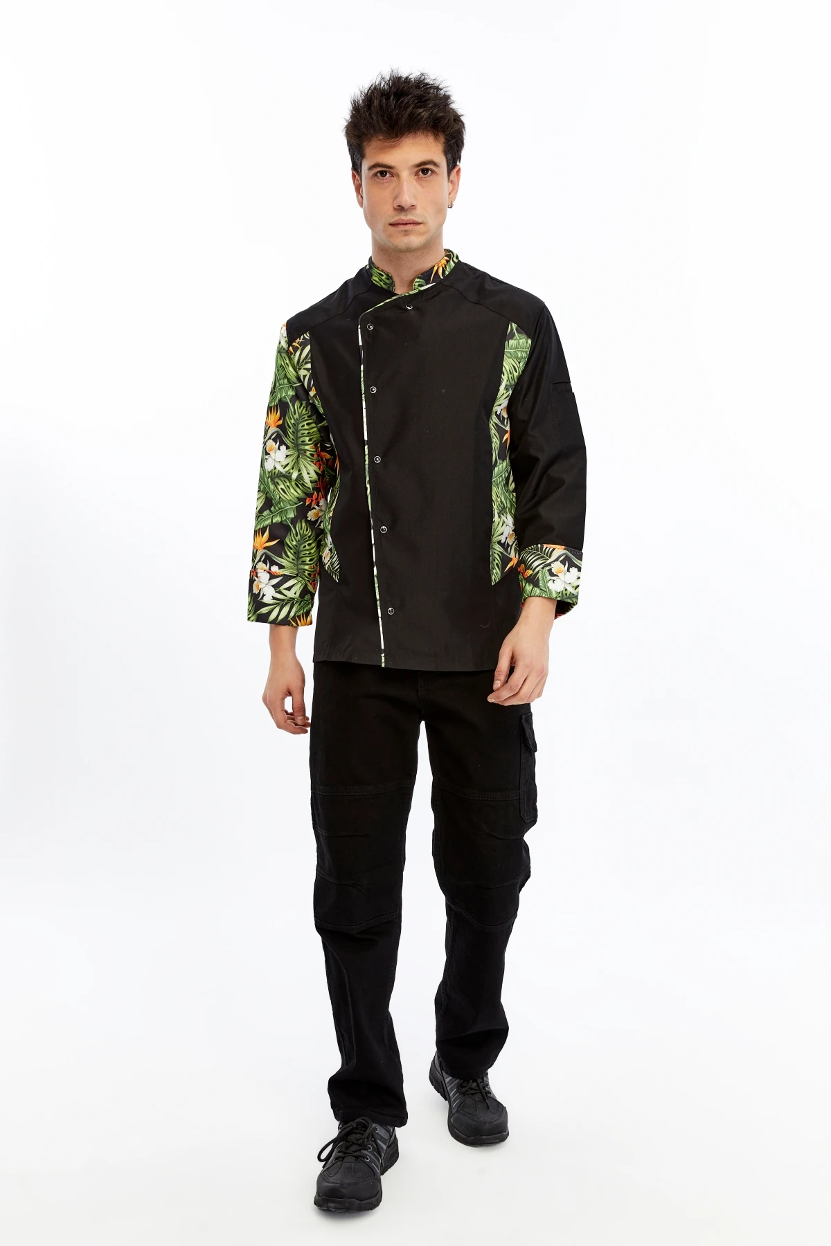 Uniprom Uzun Kollu Aşçı Ceketi Önlük Şef, Garson Tropikal Model Siyah