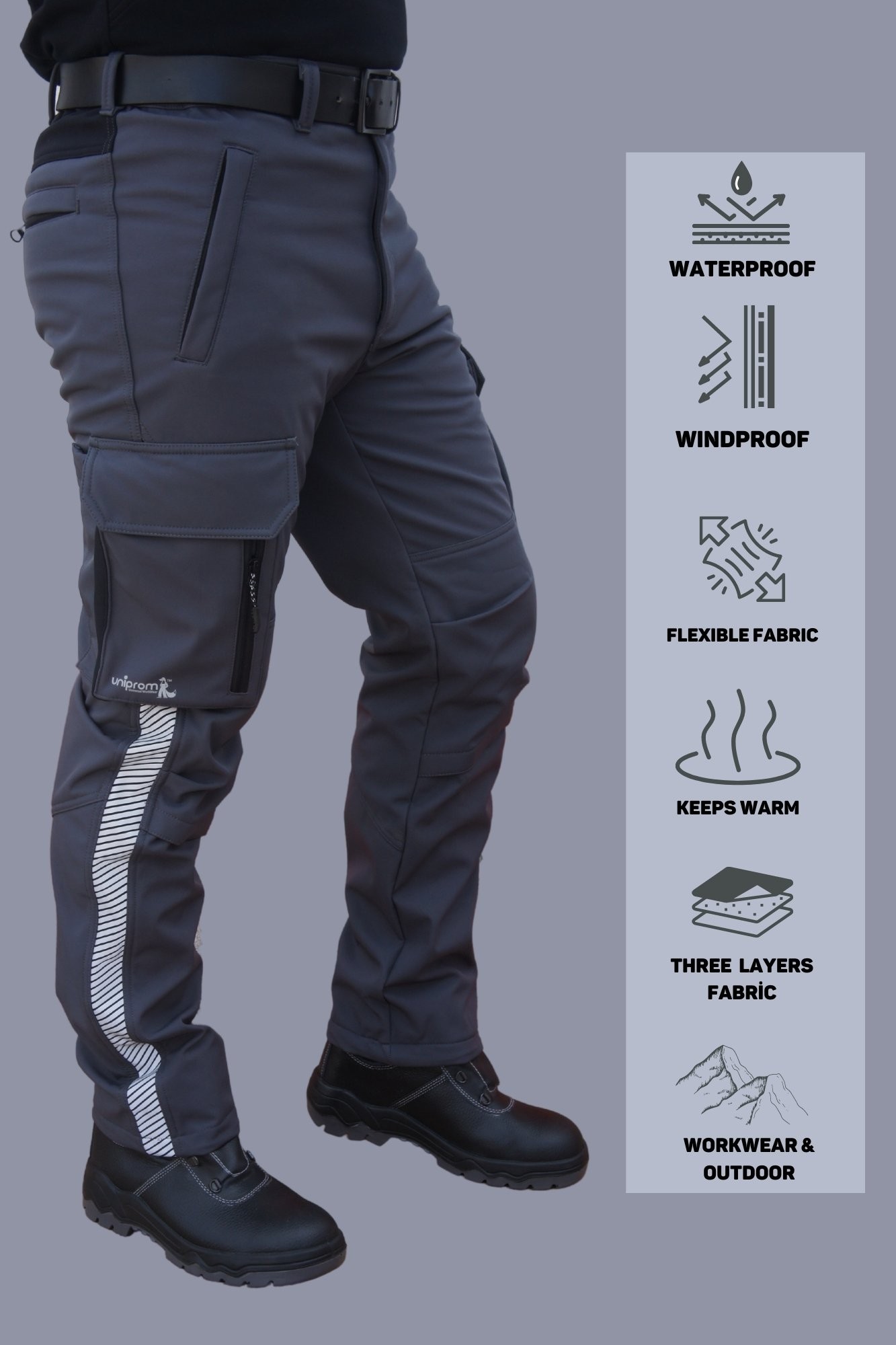 Uniprom Softshell Pantolon Oslo Model Su ve Rüzgar Geçirmez Gri