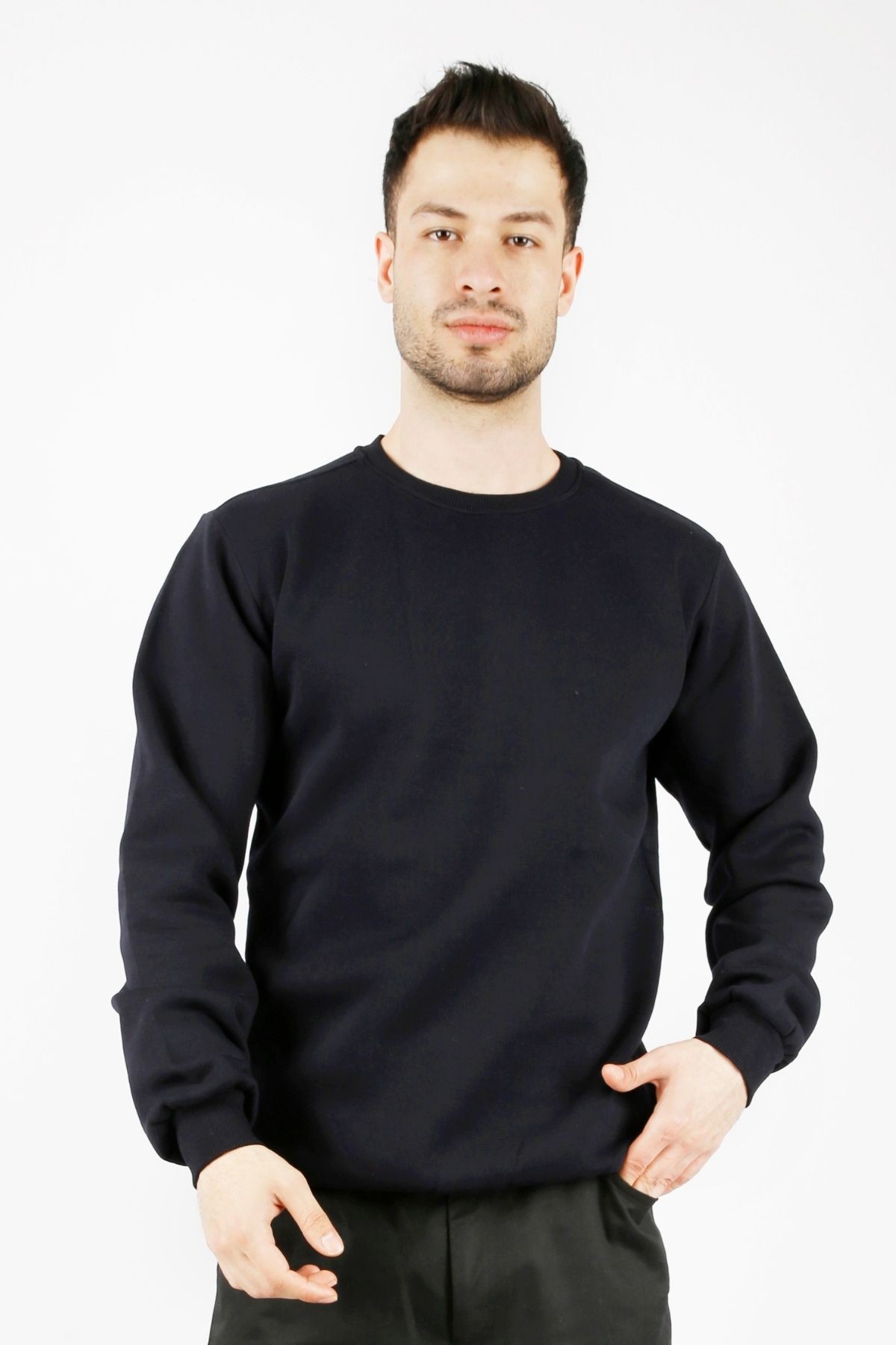 Uniprom Sıfır Yaka Sweatshirt Kalın Kumaş İçi Şardonlu Lacivert Erkek