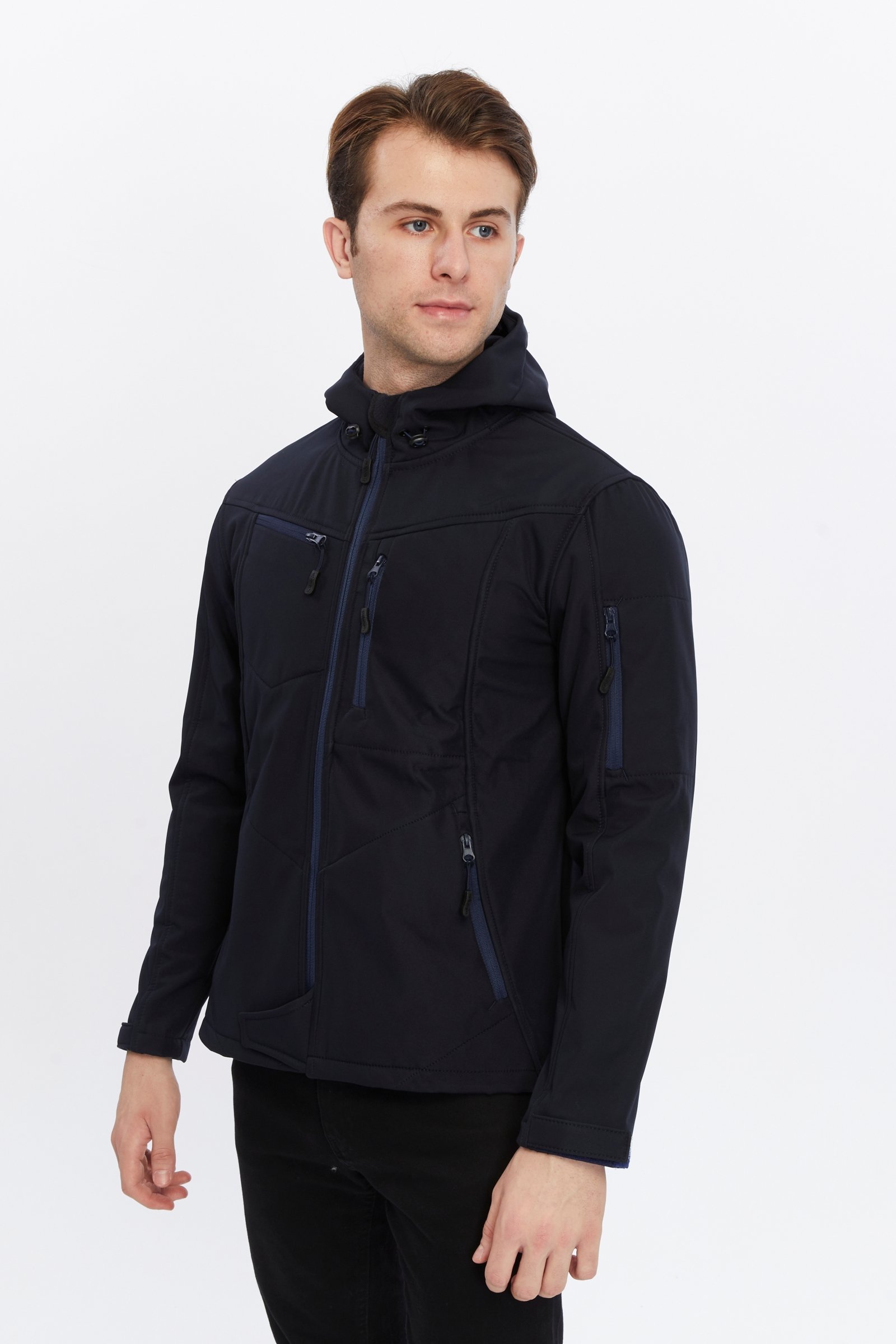 Uniprom Softshell Mont Kapşonlu Erkek Su Ve Rüzgar Geçirmez Mont Lacivert 5 Cepli