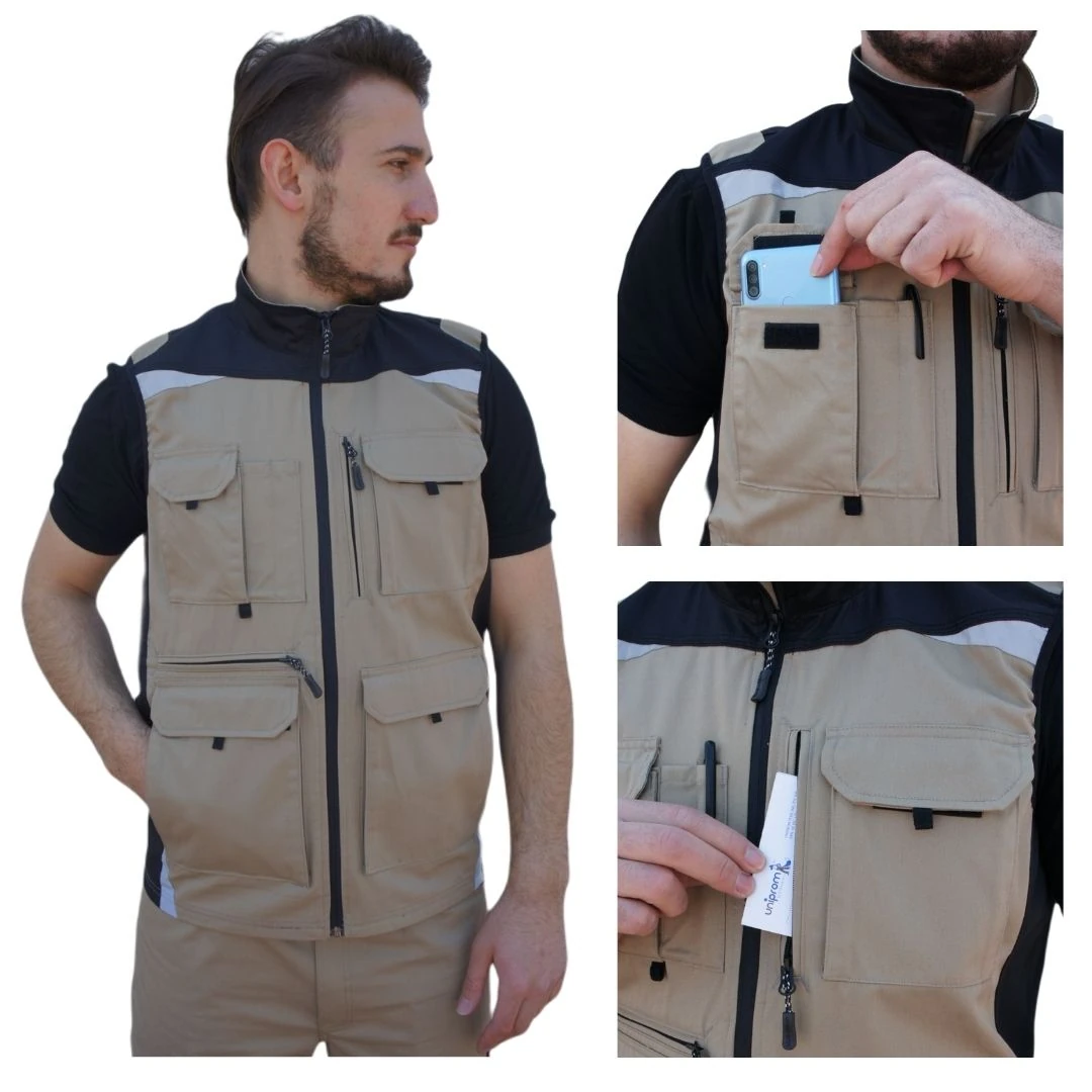 Uniprom İş Yeleği Likralı Madrid Model 10 Cepli Yazlık Bej-Siyah