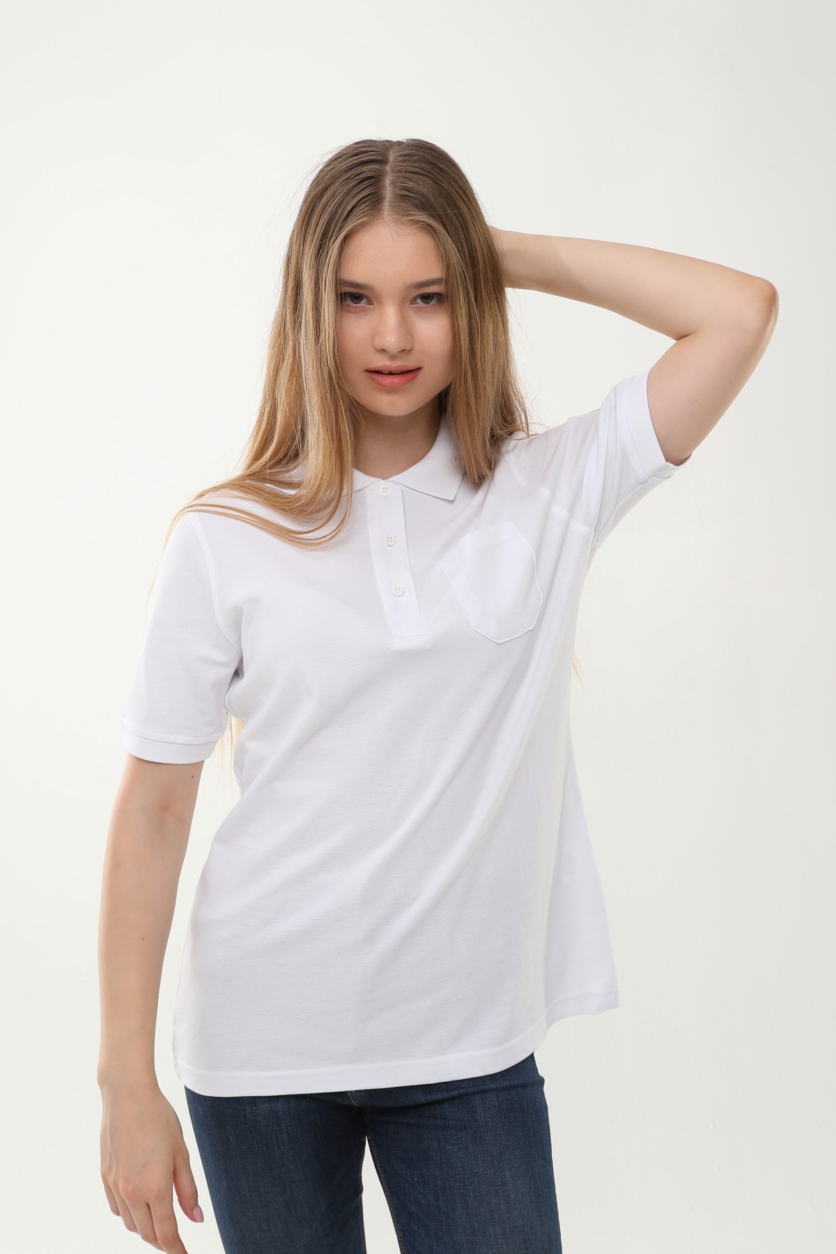 Uniprom Kadın Polo Yaka Tişört Mercedes Logolu %100 Pamuk Beyaz
