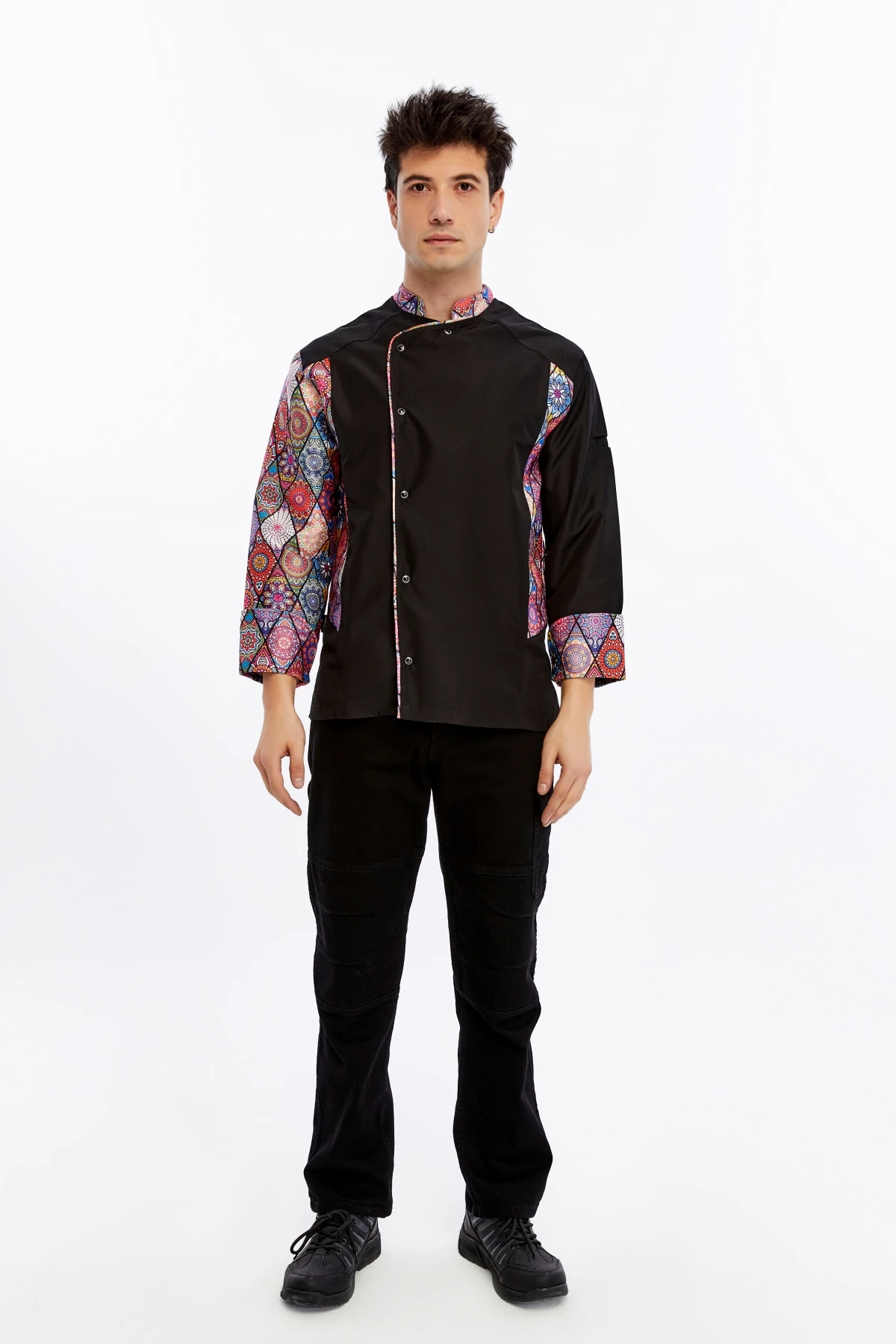 Uniprom Uzun Kollu Aşçı Ceketi Önlük Şef, Garson Mandala Model Siyah