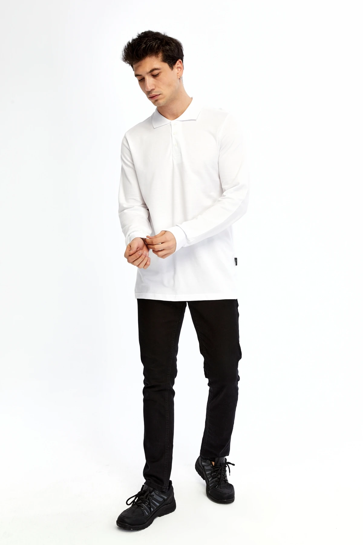 Uniprom Erkek Uzun Kollu Polo Yaka Pamuk Tişört Uzun Kollu T Shirt Beyaz