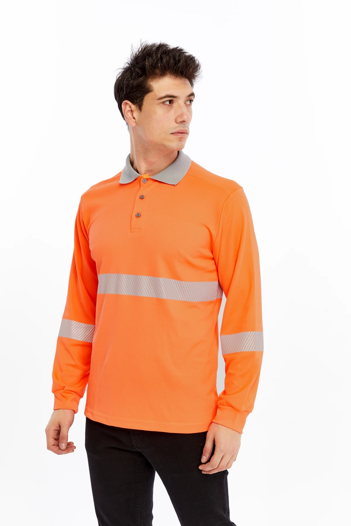 UNİPROM Neon Turuncu Yüksek Görünürlük Reflektörlü Polo Yaka Sweatshirt (Hi-Vis)
