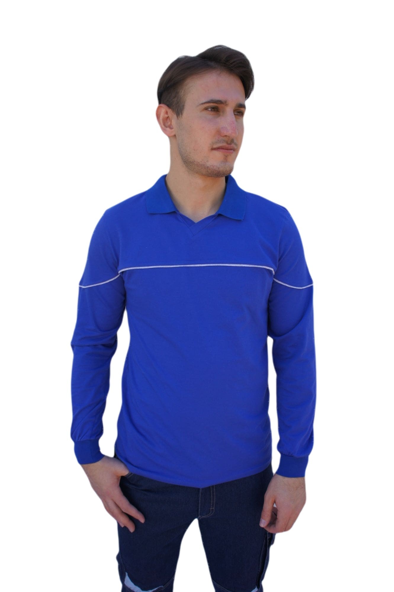 Uniprom T- Shirt Penye Uzun Kollu Polo Yaka %100 Pamuk - Mavi