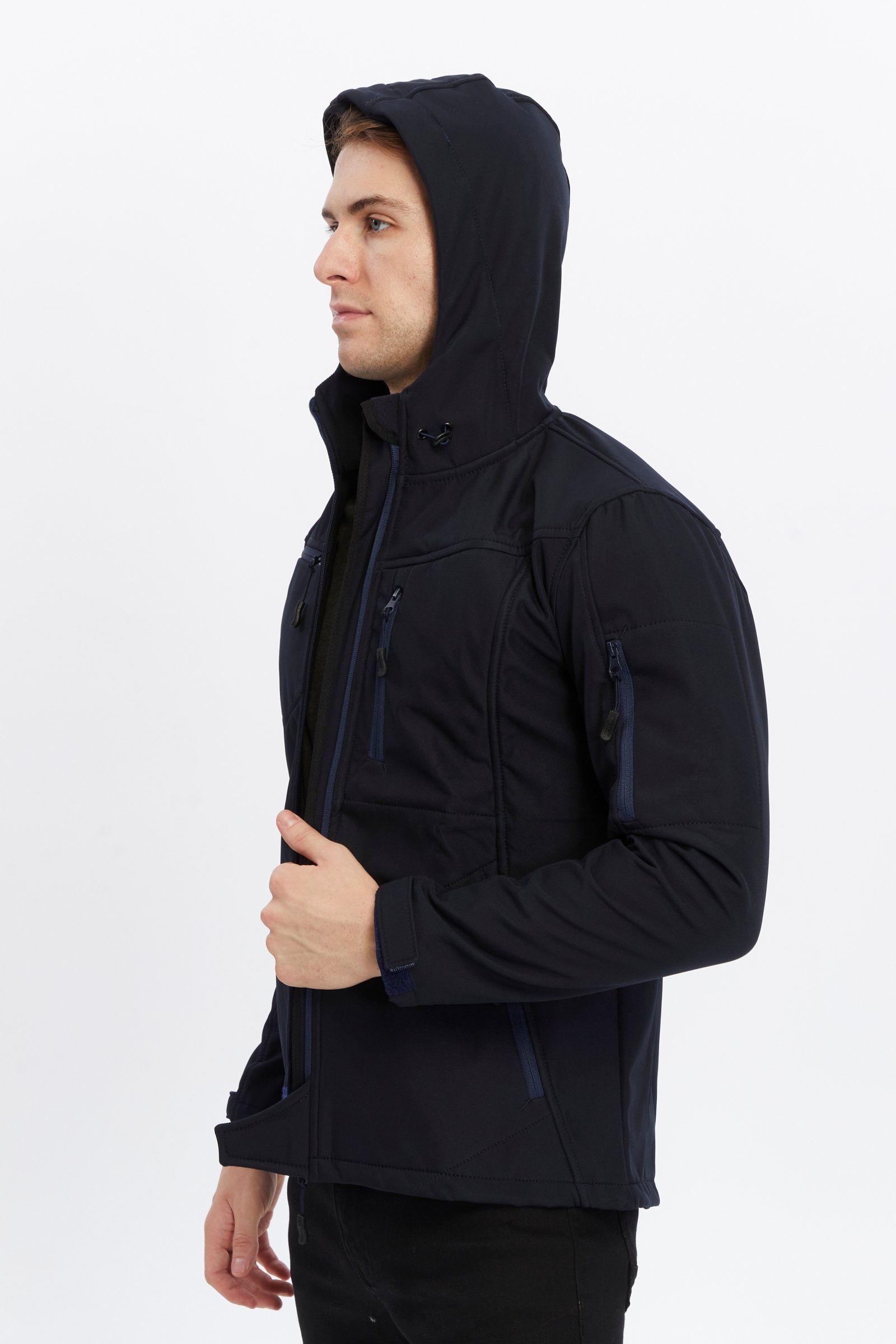 Uniprom Softshell Mont Kapşonlu Erkek Su Ve Rüzgar Geçirmez Mont Lacivert 5 Cepli