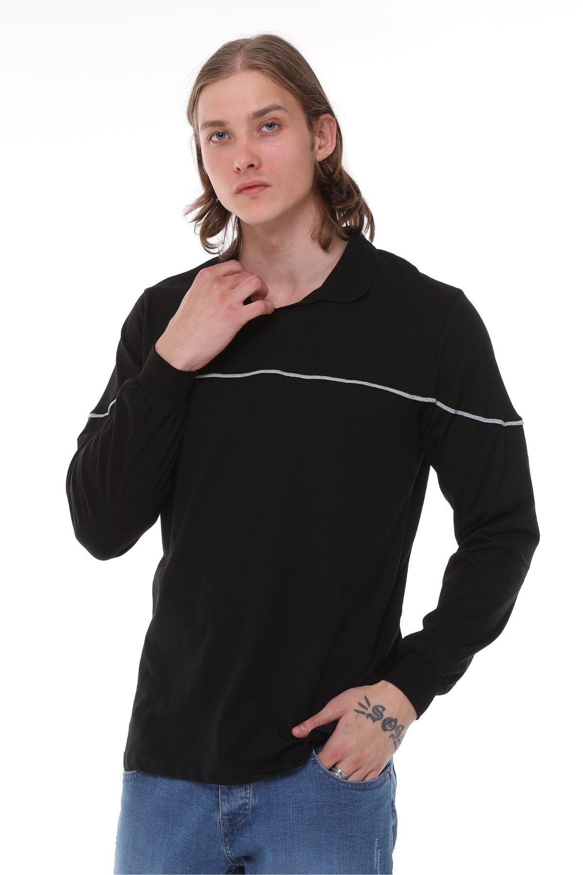 Uniprom Uzun Kollu T- Shirt Penye Polo Yaka %100 Pamuk Siyah Erkek