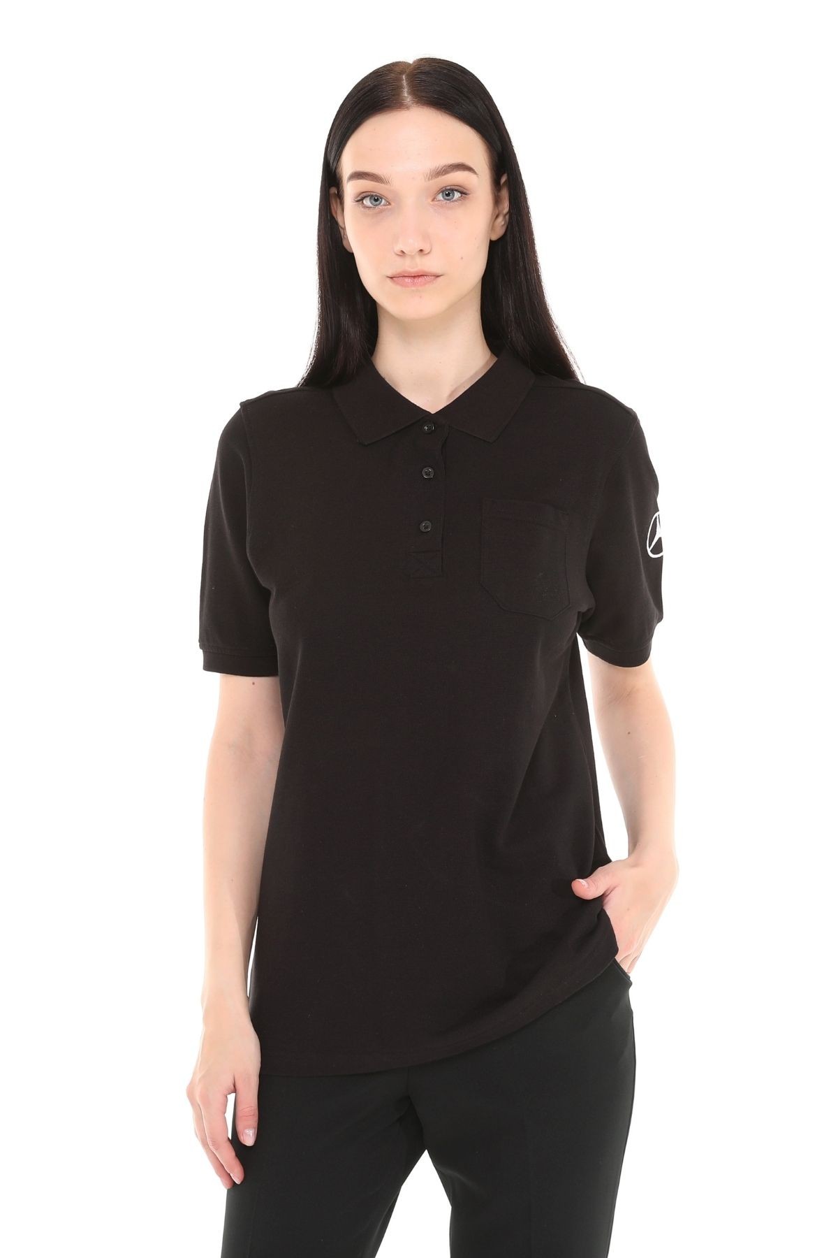 Uniprom Kadın Polo Yaka Tişört Mercedes Logolu %100 Pamuk Siyah