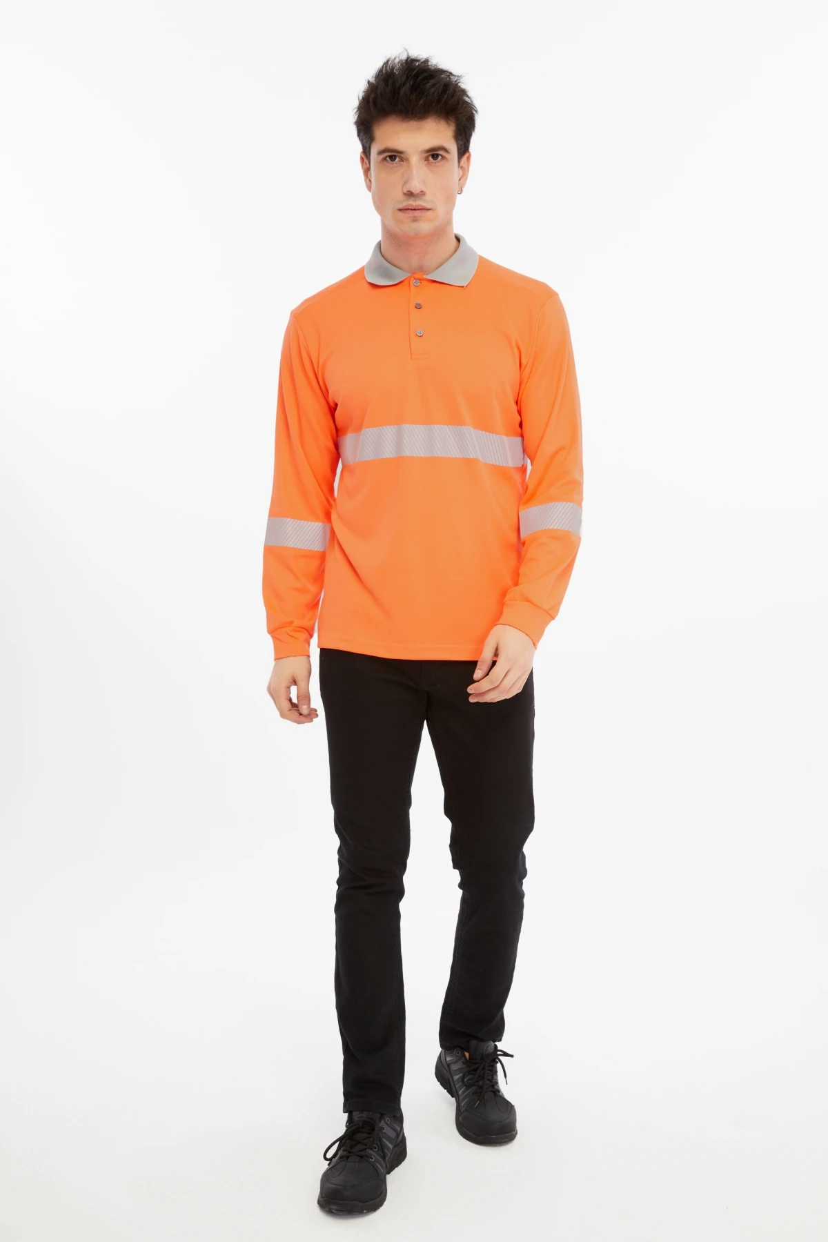 UNİPROM Neon Turuncu Yüksek Görünürlük Reflektörlü Polo Yaka Sweatshirt (Hi-Vis)