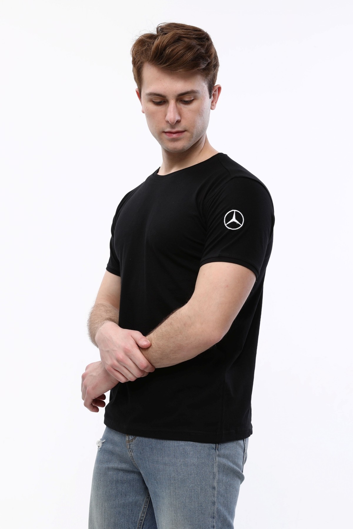 Uniprom Sıfır Yaka Erkek Tişört Mercedes Benz Servis Logolu %100 Pamuk Siyah