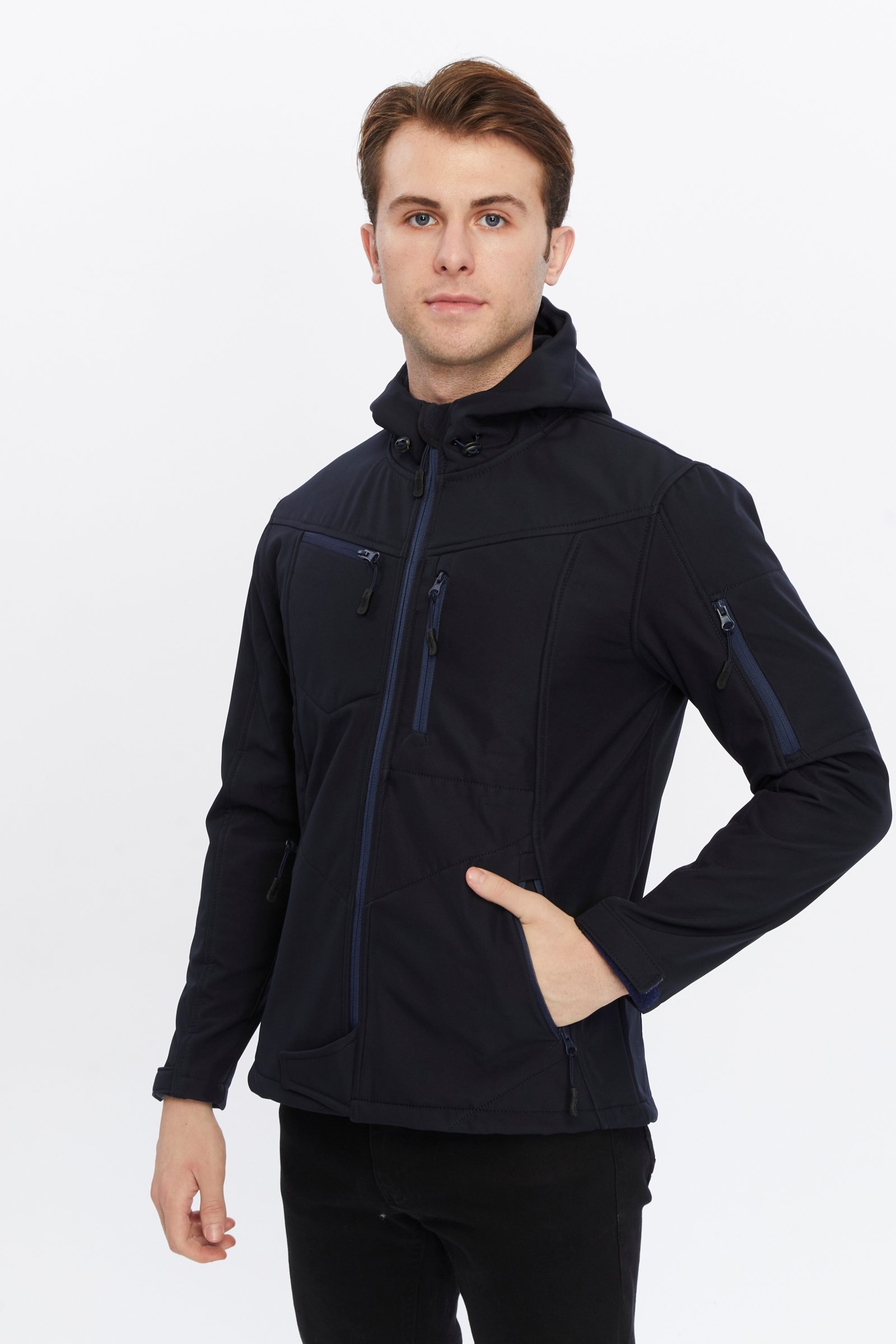 Uniprom Softshell Mont Kapşonlu Erkek Su Ve Rüzgar Geçirmez Mont Lacivert 5 Cepli