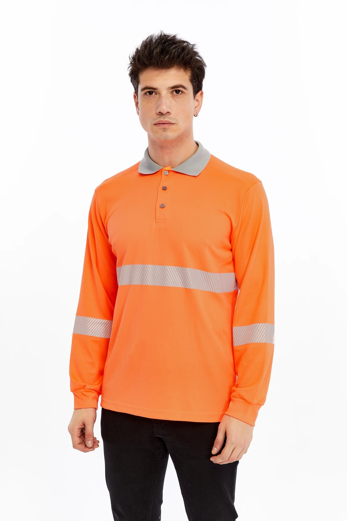UNİPROM Neon Turuncu Yüksek Görünürlük Reflektörlü Polo Yaka Sweatshirt (Hi-Vis)