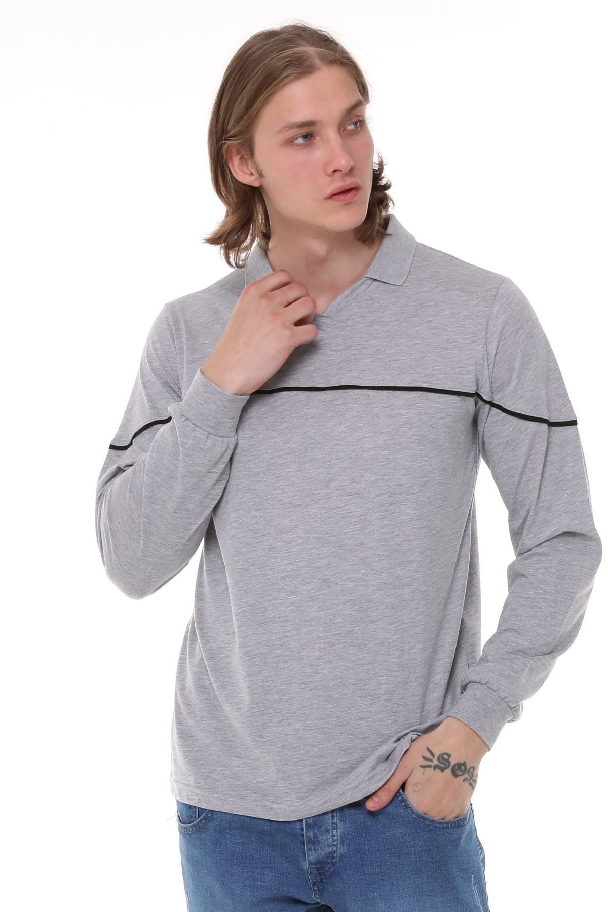 Uniprom Uzun Kollu T- Shirt Penye Polo Yaka %100 Pamuk Gri Melanj Erkek