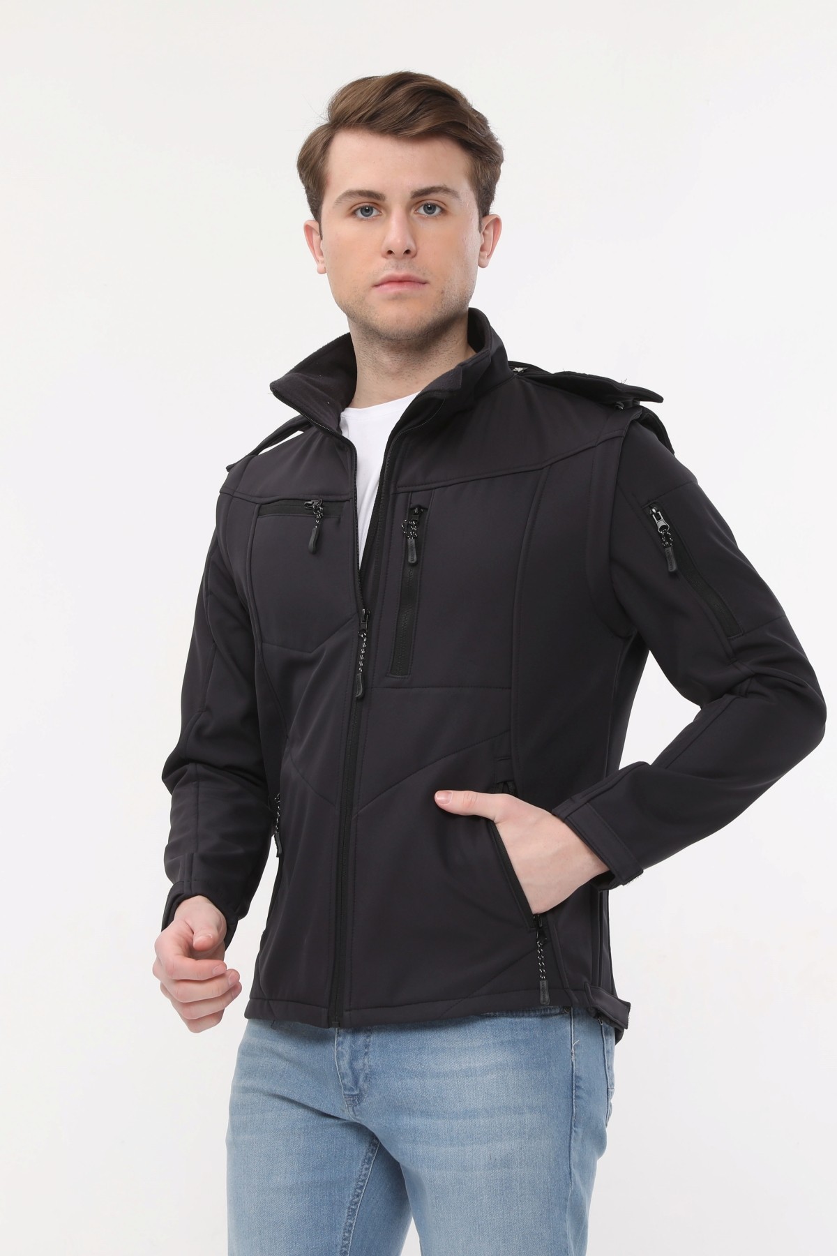 Uniprom Taktikal Softshell Mont Kollar ve Kapşon Çıkabilir Erkek Füme