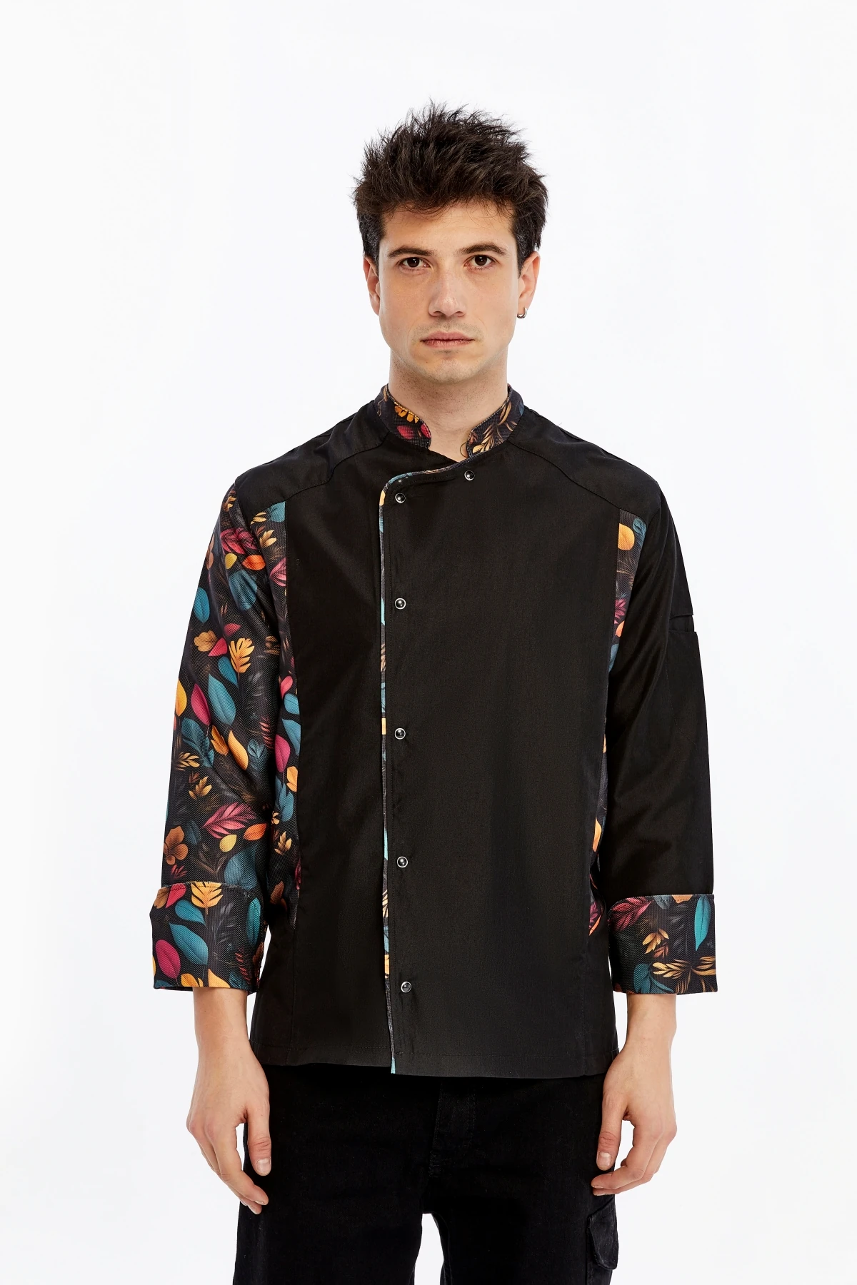 Uniprom Uzun Kollu Aşçı Ceketi Önlük Şef, Garson Flora Model Siyah