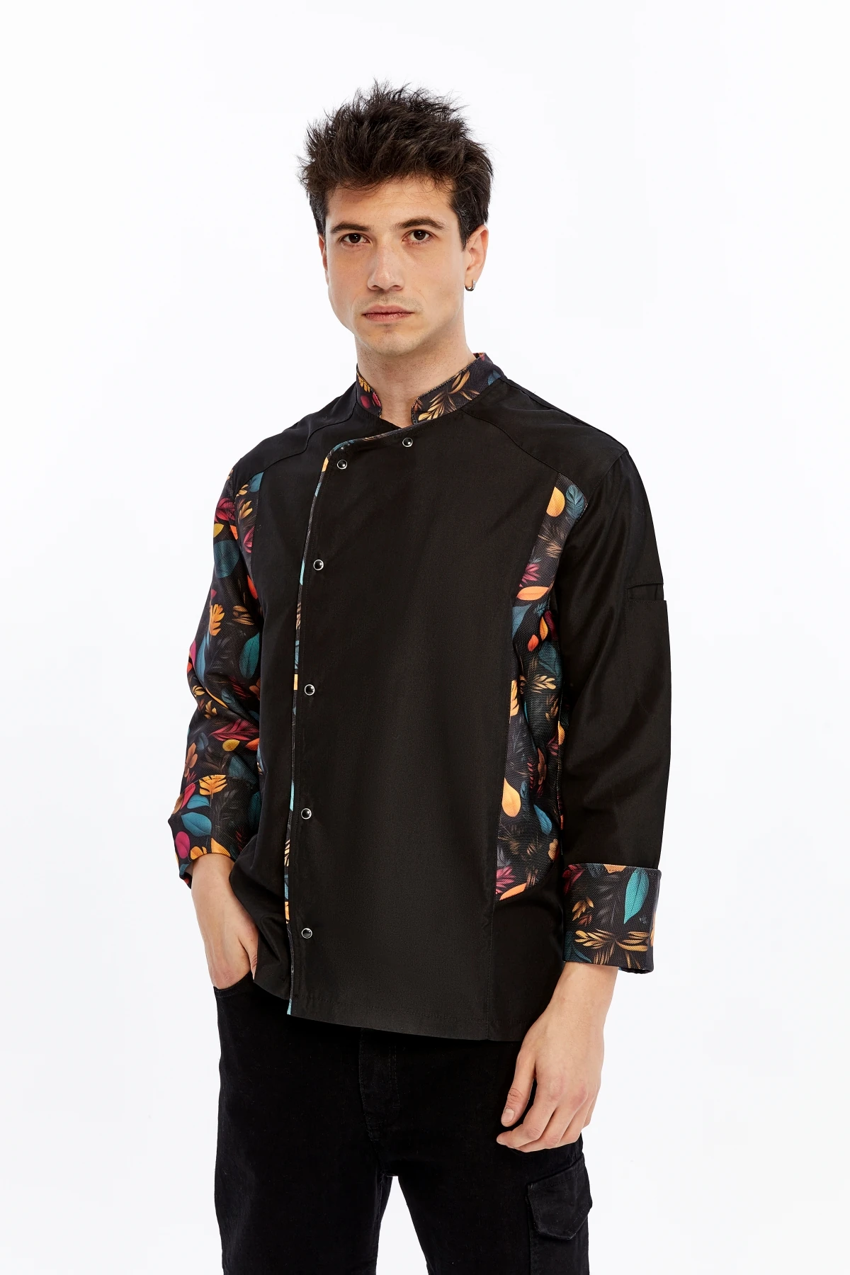 Uniprom Uzun Kollu Aşçı Ceketi Önlük Şef, Garson Flora Model Siyah